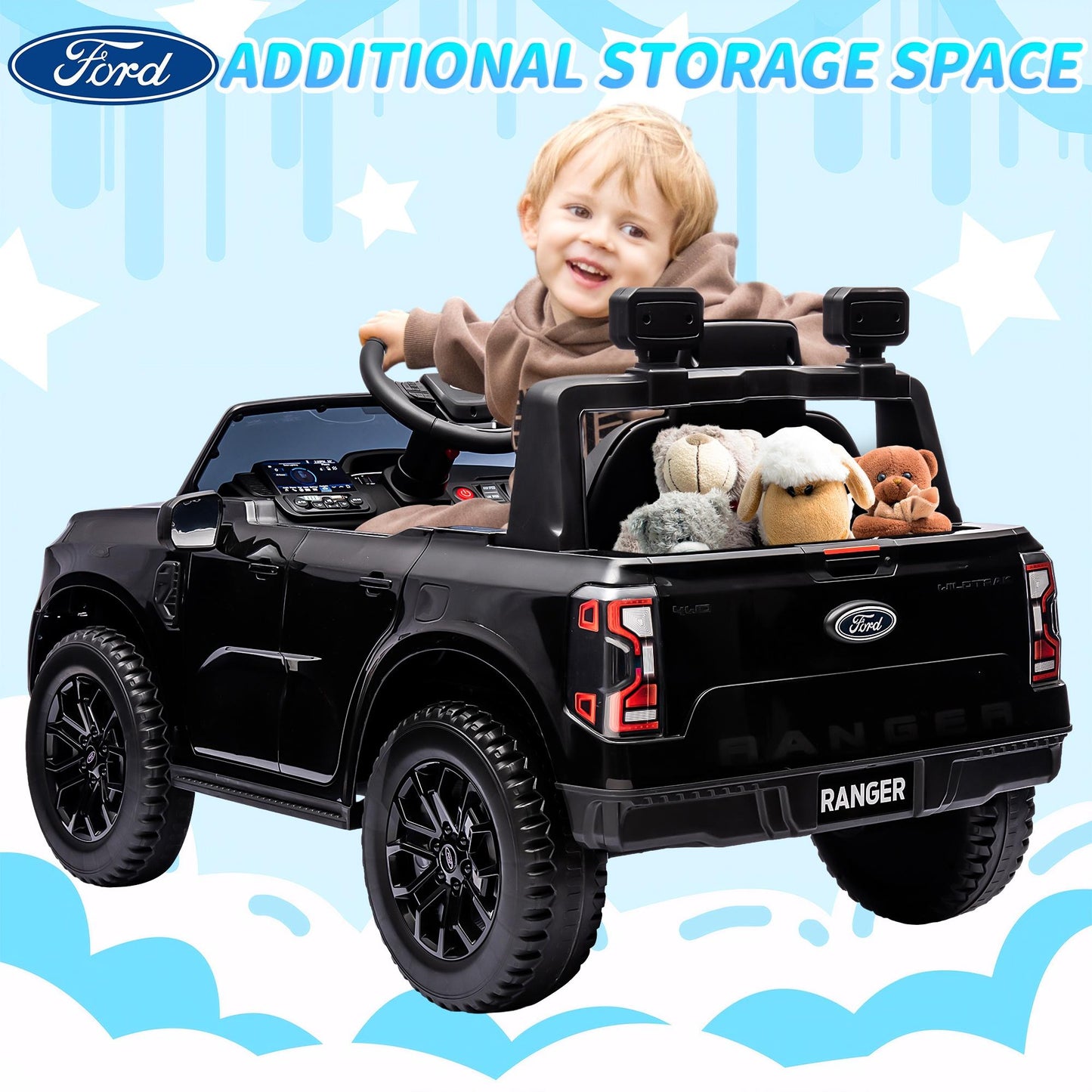 iRerts Black 12V Ford Ranger Powered Ride on Car with Remote Control, Kids Electric Car for Boys Girls 3-6 Ages, Kids Ride on Toys with Bluetooth, Music, USB Port, Horn, LED Lights
