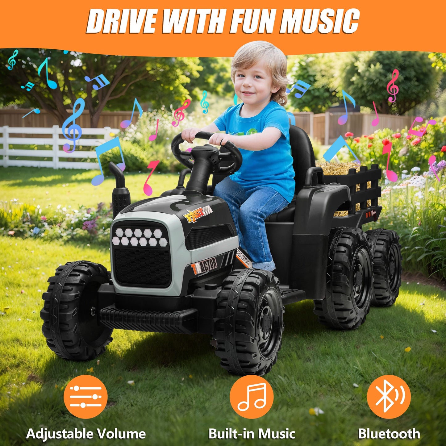 Powered Ride on Toy Tractor, 24V Kids Ride on Car with Remote Control, Electric Vehicles for Kids Toddlers 3-6 Years with 3 Speeds, Bluetooth, Music Player, LED Light, Rear Wheel Suspension, Black
