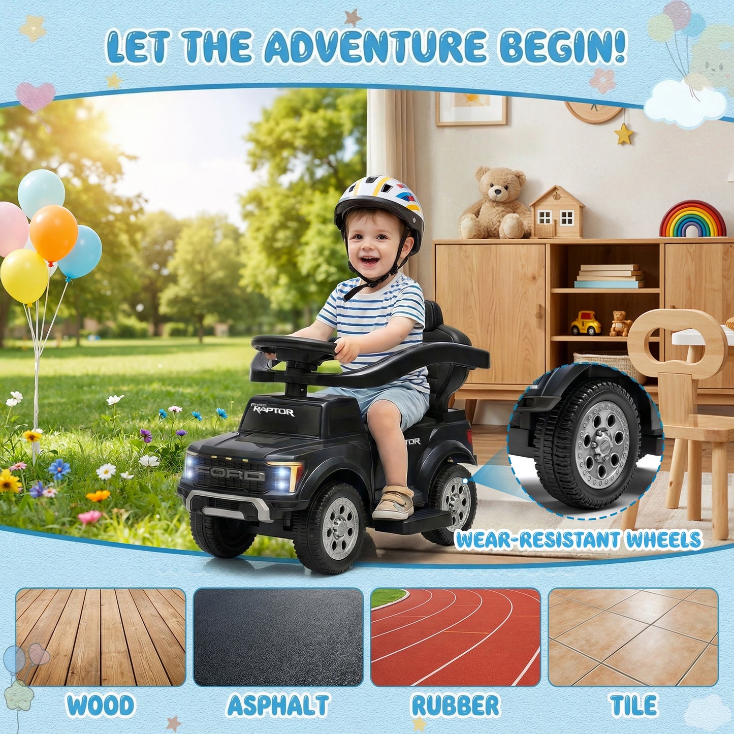 Push Car for Toddlers 1-3, Licensed Ford F-150 3-in-1 Kids Ride on Toy with Parent Push Handle, Foot to Floor Sliding Car with Horn & Lights, Under Seat Storage, Black