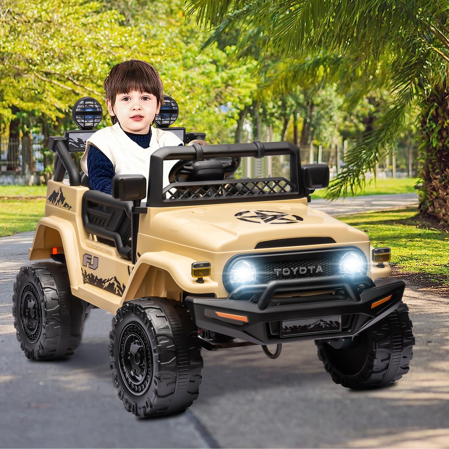 12V Ride on Cars with Remote Control, Licensed Toyota FJ Cruiser Ride on Trucks Vehicle with Bluetooth, Music, MP3/USB Port, Battery Powered Ride on Toys for Kids Boys Girls Birthday Gift, Yellow