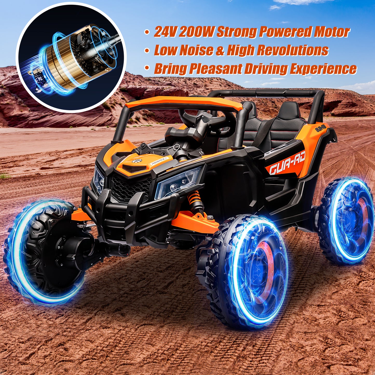 iRerts Orange 24V Battery Powered Ride on UTV Cars for Boys Girls, Kids Ride on Toys with Remote Control, Music, LED Light, USB, Bluetooth, Large Seat Kids Electric Vehicle for Christmas Birthday Gift