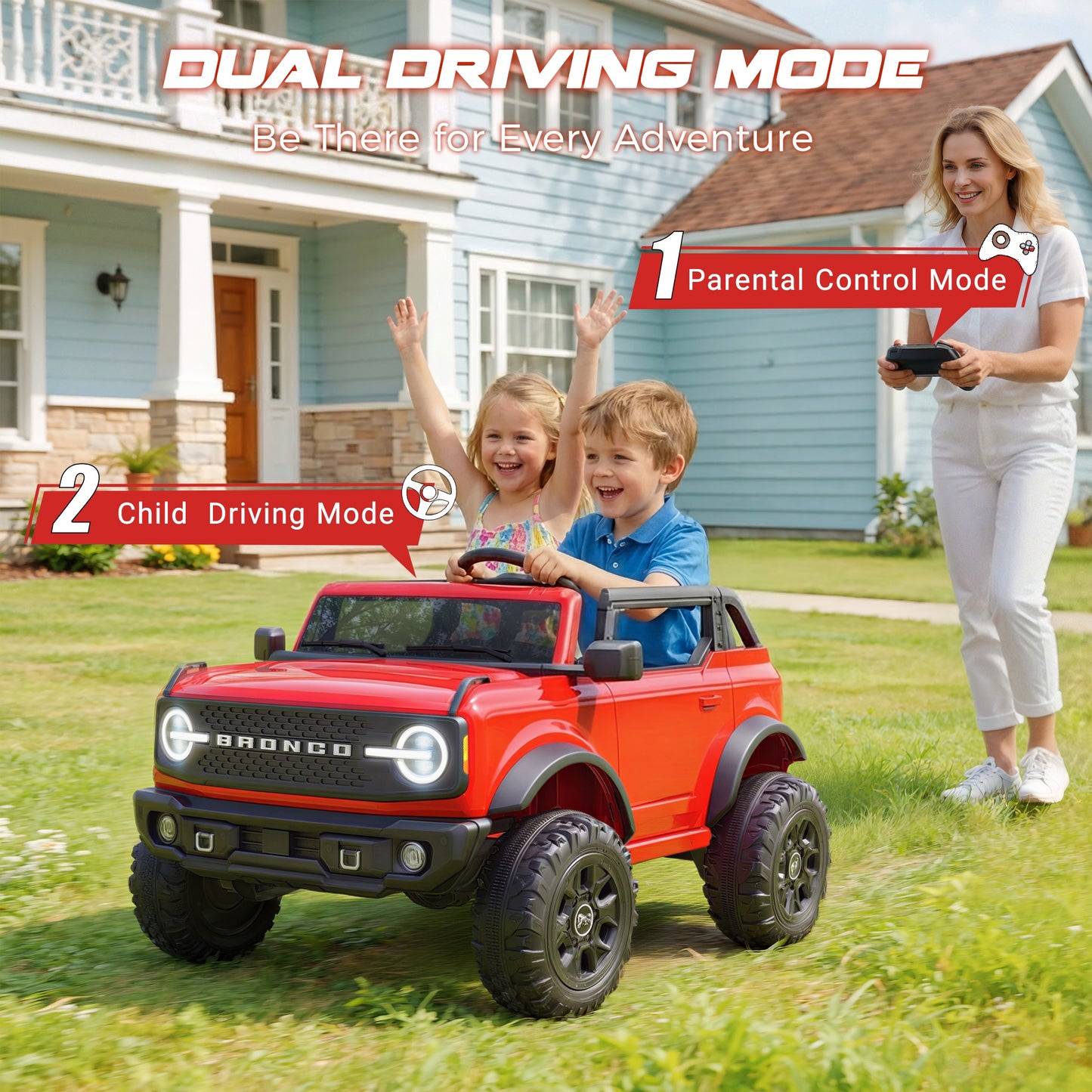 iRerts 2 Seater Ride on Cars, Licensed Ford Bronco Base 24V Ride on Toys for Big Kids Ages 3-8, Powered Kids Car Electric Vehicle with Remote Control, Bluetooth, LED Lights, 4 Wheel Suspension, Red