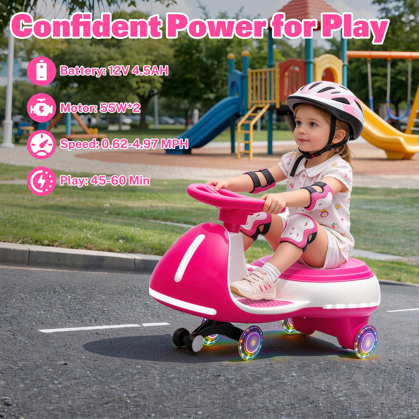 iRerts 12V Ride on Toys, Electric Ride on Wiggle Car with Pedal, 2 in 1 Swing Car Kids Wiggle Car for Toddlers Ages 3+, Kids Cars with Flashing PU Wheels, Bluetooth Music, 5MPH Max Speed, Rose Red