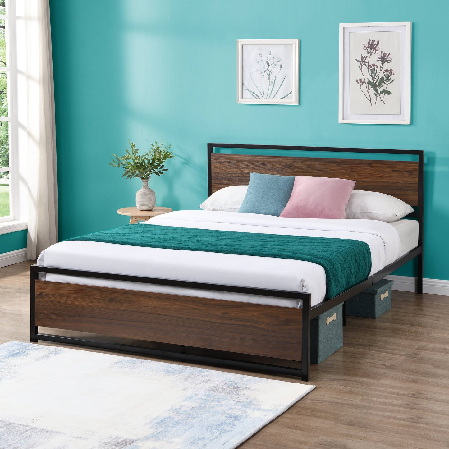iRerts Queen Platform Bed Frame with Headboard, Industrial Metal Queen Bed Frame with Slat Support, Modern Bed Frame Queen Size for Adults Teens Kids Bedroom, No Box Spring Needed, Brown