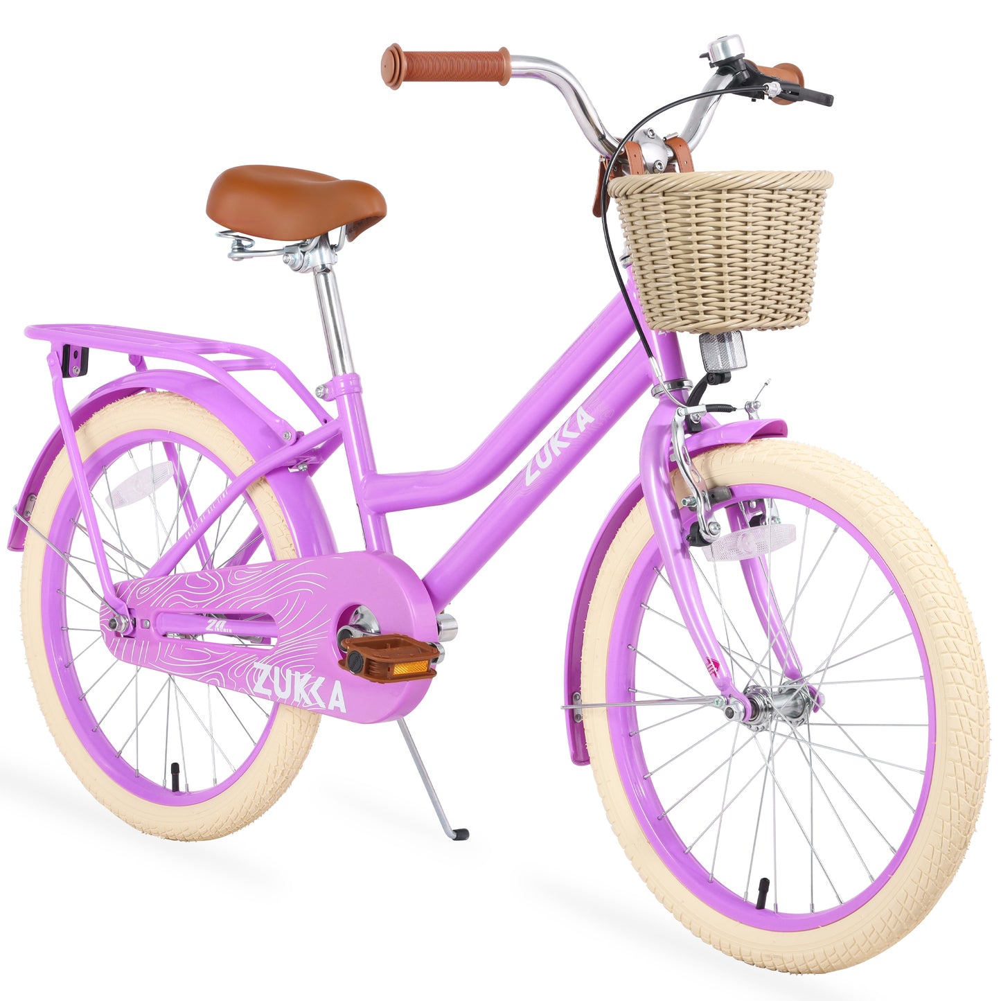 iRerts Girls Bike for 7-10 Years Old Kids, 20 Inch Bike with Basket, Brown Leather Saddle, Coaster Brakes, Retro Style Girls Bicycle Kids Cycle Bikes, Kids Bicycle for Gifts, Pink Purple