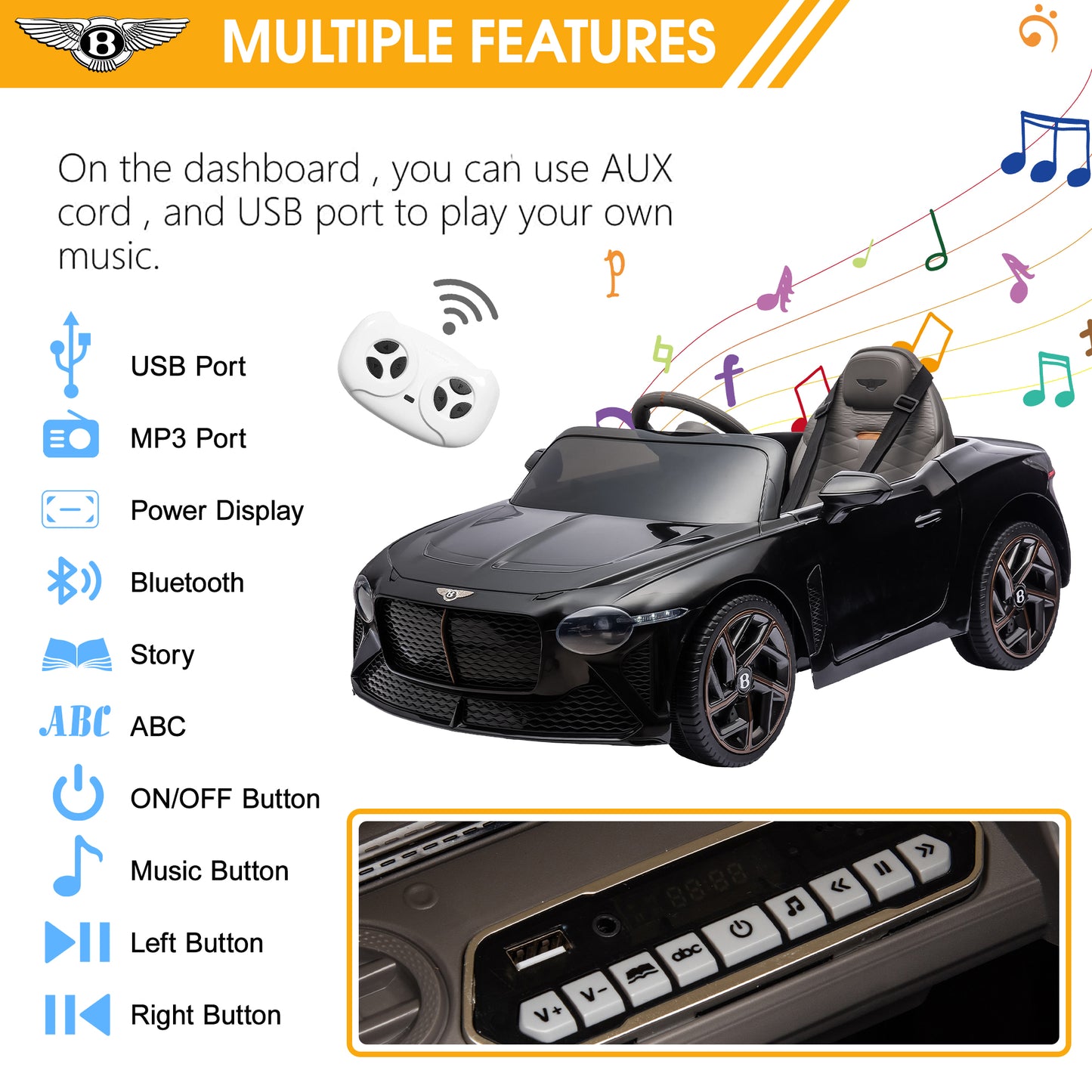 12V Ride On Car with Remote Control, Licensed Bentley Mulsanne Kids Electric Car with Bluetooth, Music, USB, MP3, LED Light, Battery Powered Electric Ride On Vehicle for Boy Girl Birthday Gift, Black