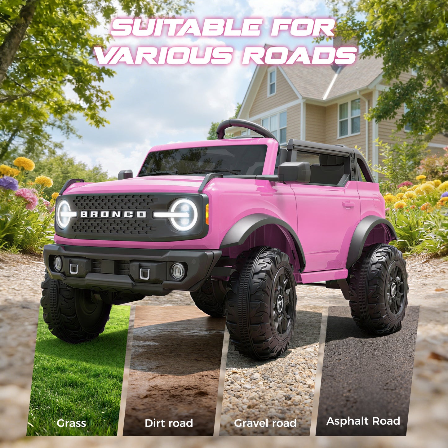iRerts 2 Seater Ride on Cars, Licensed Ford Bronco Base 24V Ride on Toys for Big Kids Ages 3-8, Powered Kids Car Electric Vehicle with Remote Control, Bluetooth, LED Lights, 4 Wheel Suspension, Pink