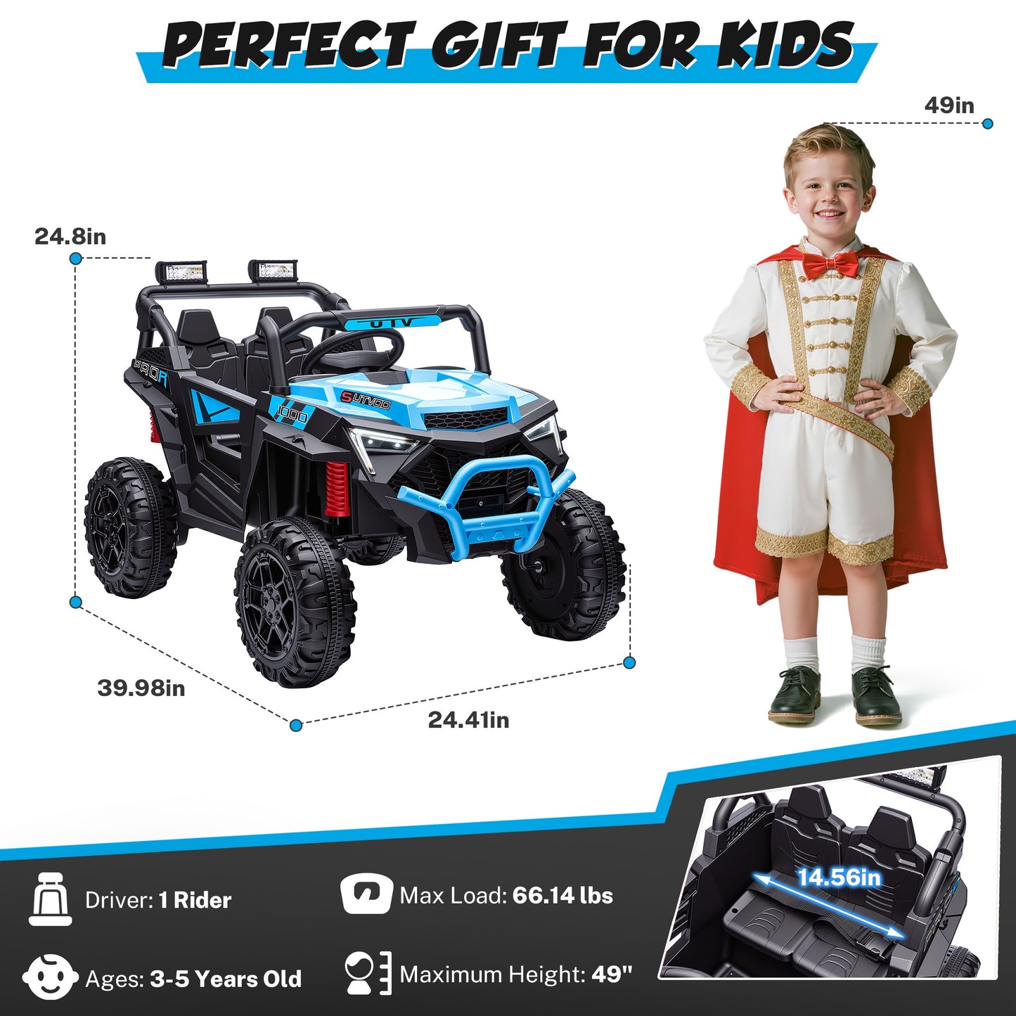 24V Powered Ride on Toys, iRerts Electric Ride on UTV with Remote Control, Four-Wheel Suspension, LED Lights, Bluetooth Music, Ride on Cars Vehicle for Kids Ages 3-6, Blue