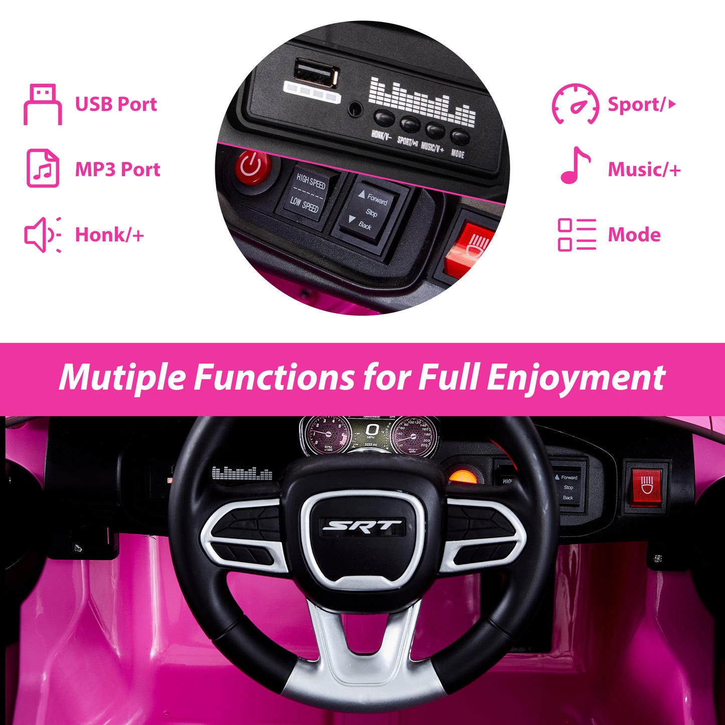 Kids Electric Cars With Remote Control, Licensed Dodge Charger 12V Ride on Cars for Boys Girls, Battery Powered Ride on Toys with Bluetooth, USB, MP3, 4 Wheel Suspension, Pink