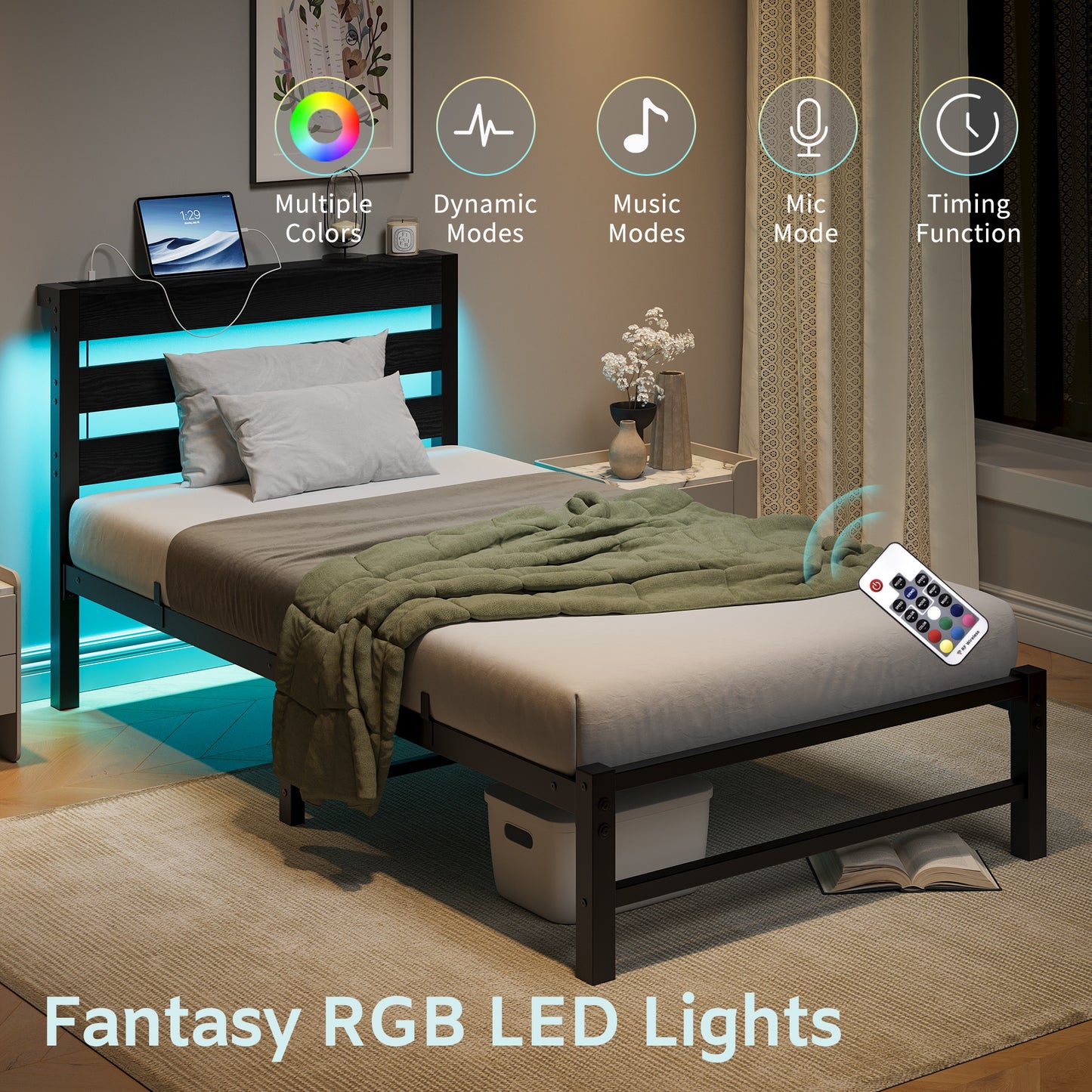 iRerts Twin Bed Frame with Headboard, Metal Platform Bed Frame Twin Size with USB Charging Station, LED Lights, Steel Slats, LED Bed Frame No Box Spring Needed for Bedroom Furniture, Black
