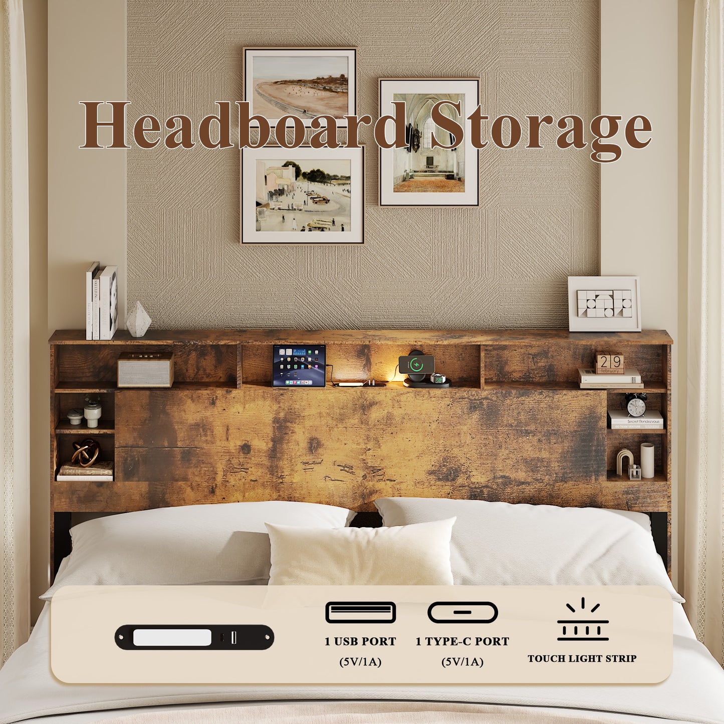 iRerts Wood King Platform Bed Frame, King Bed Frame with Storage Headboard, Charging Station, LED Lights, King Bed Frame No Box Spring Needed, Dark Brown