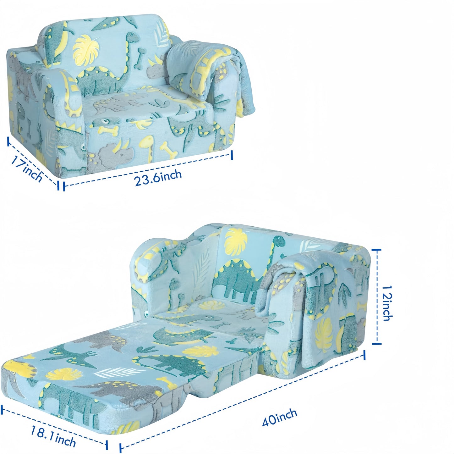 iRerts Kids Sofa, 2-in-1 Soft Toddler Couch Fold Out, Compression Modular Kids Sofa Convertible Sofa to Lounger, Kids Couch Foldable Kids Chair for Girls Boys Age 3-6, Blue