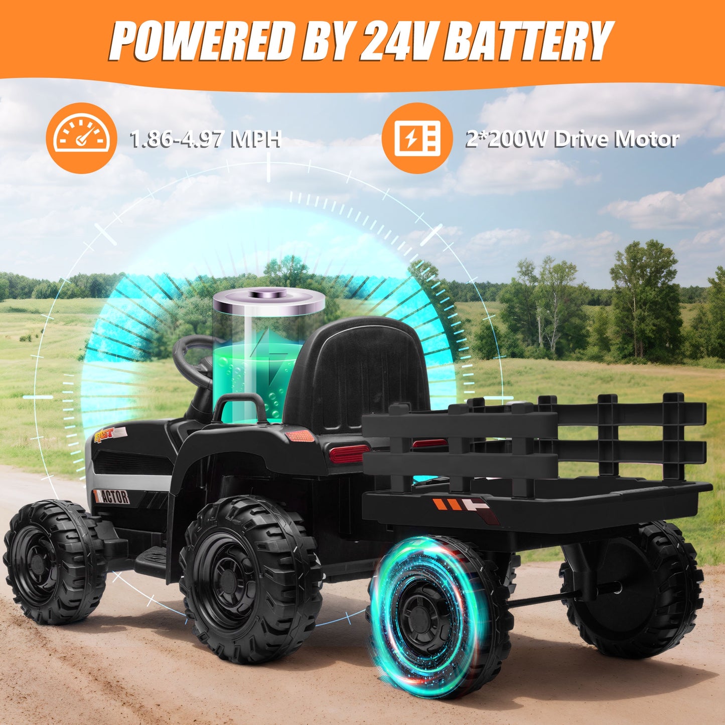 Powered Ride on Toy Tractor, 24V Kids Ride on Car with Remote Control, Electric Vehicles for Kids Toddlers 3-6 Years with 3 Speeds, Bluetooth, Music Player, LED Light, Rear Wheel Suspension, Black
