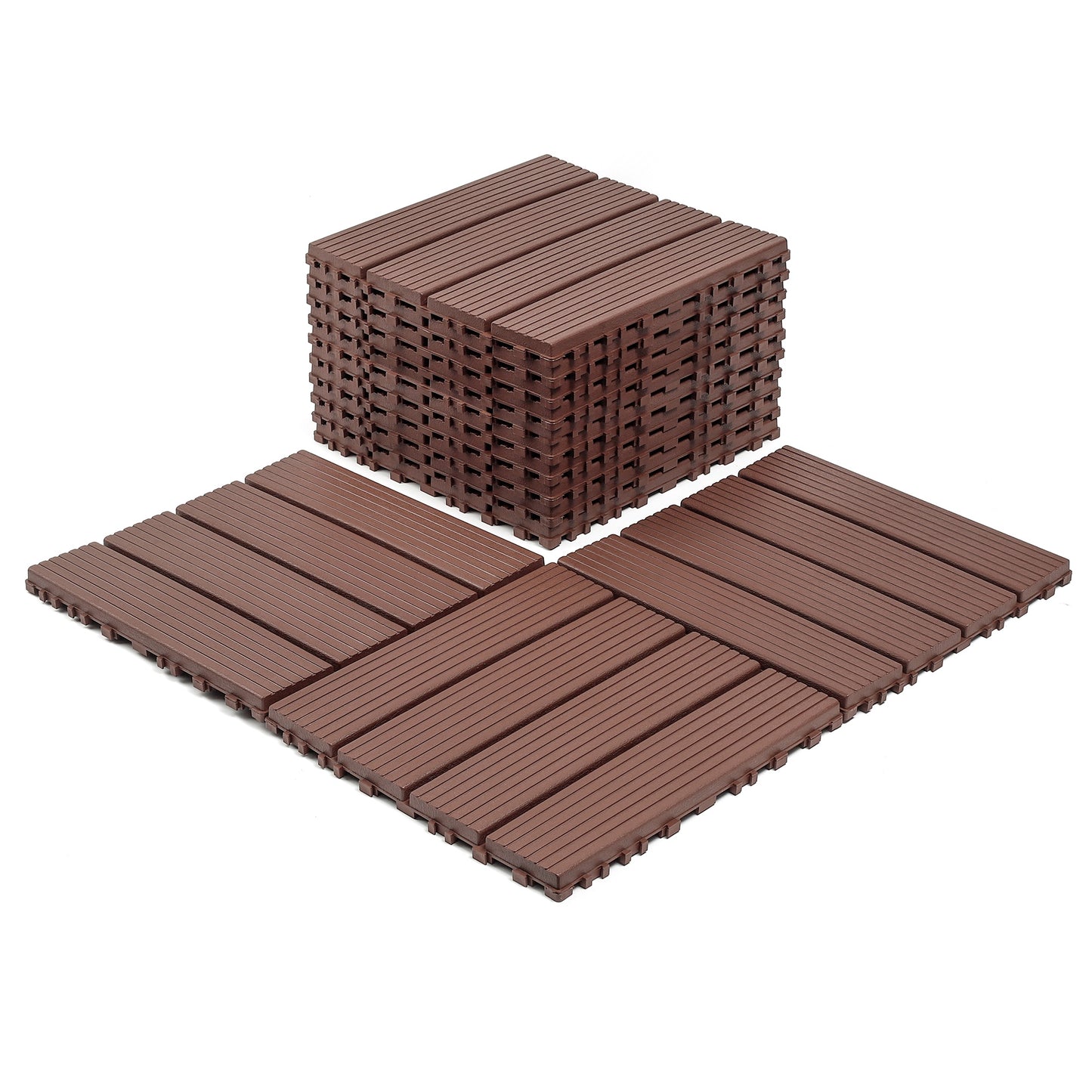 iRerts Plastic Interlocking Deck Tiles, 44 Pack Outdoor Flooring Tiles 12" x 12", All Weather Use, Patio Floor Decking Tiles for Porch Poolside Balcony, Brown