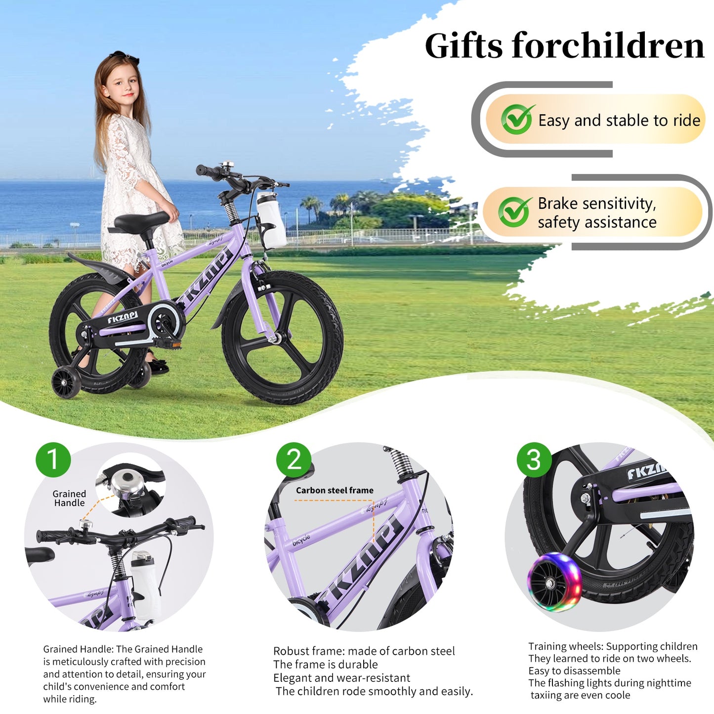 iRerts Kids Bike, 16 Inch Kids Bicycle for Boys Girls Ages 3-7, Toddlers Bike with Water Bottle Holder, Training Wheels with Night Glow, Adjustable Seat, Purple