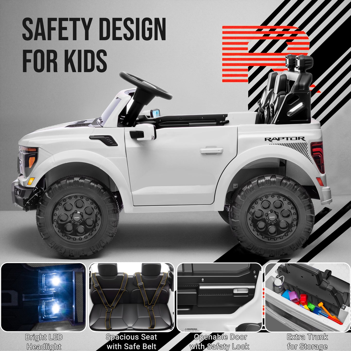 iRerts 24V Ride on Toys for Big Kids, Licensed Ford F 150 Raptor 2 Seater Ride on Cars with Remote Control, Bluetooth, FM Radio, LED Lights, 4 Wheels Suspension, Electric Car for Kids Ages 3-8, White