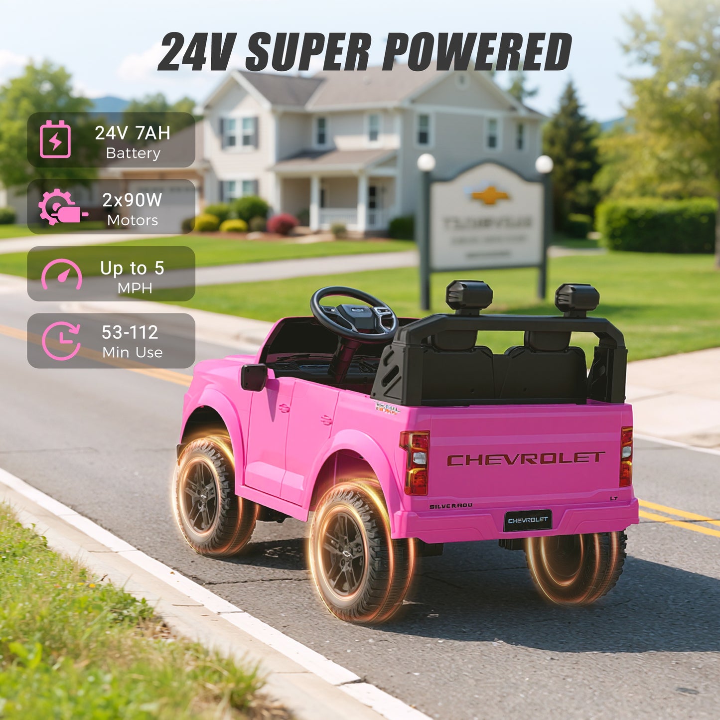 24V Powered Ride on Toys Car, Licensed Chevrolet Silverado 2 Seater Ride on Cars with Remote Control, Spring Suspension, LED Lights, Bluetooth Music, Toddler Electric Car for Kids Ages 3+, Pink