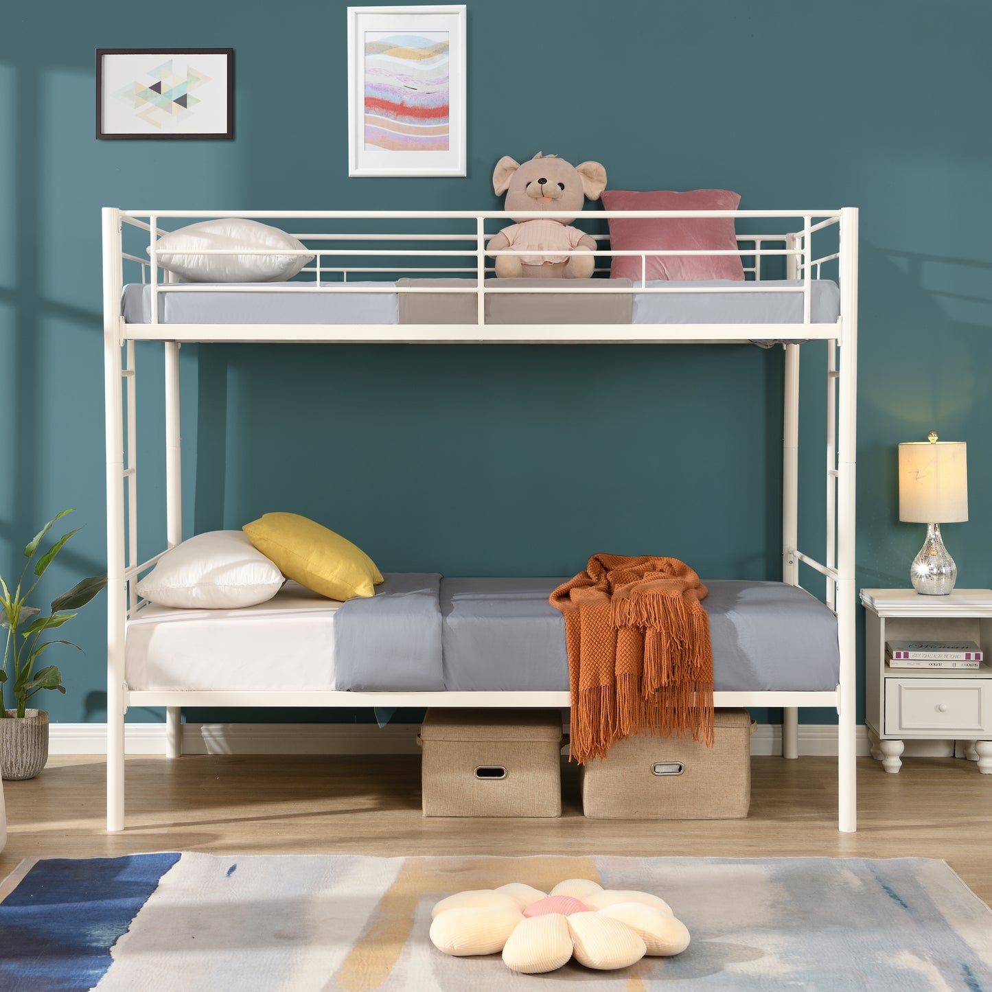 iRerts Metal Twin over Twin Bunk Bed, Convertible Bunk Beds Twin over Twin with 2 Ladders and Full-Length Guardrail, Modern Twin Bunk Beds for Adults Teens Kids Bedroom, No Box Spring Needed, White