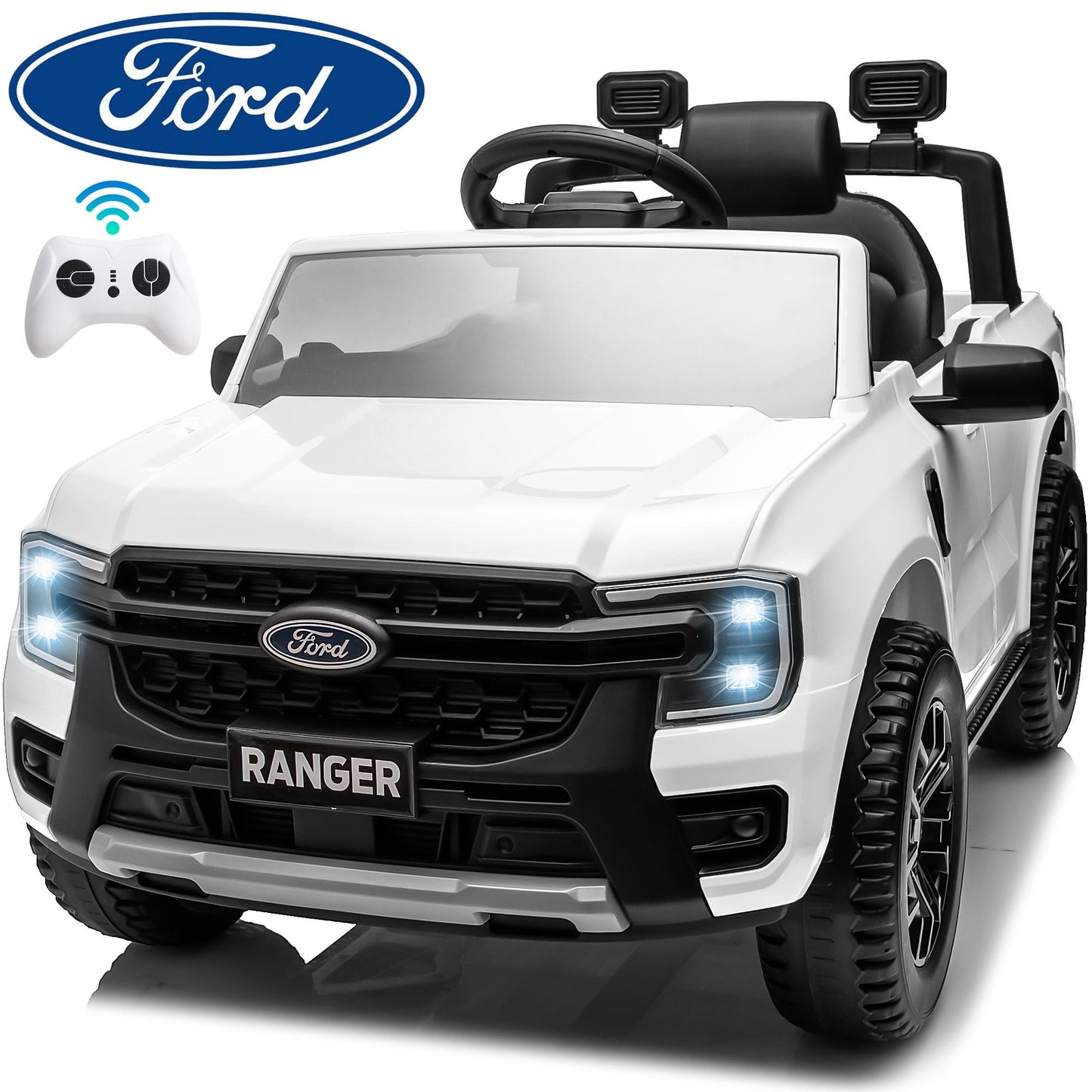 iRerts White 12V Ford Ranger Powered Ride on Car with Remote Control, Kids Electric Car for Boys Girls 3-6 Ages, Kids Ride on Toys with Bluetooth, Music, USB Port, Horn, LED Lights
