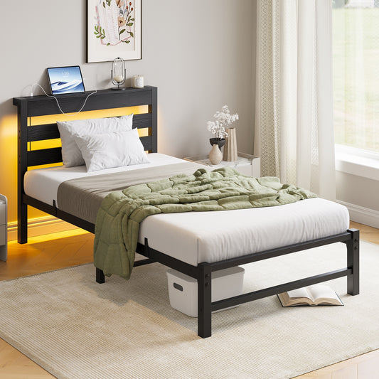iRerts Twin Bed Frame with Headboard, Metal Platform Bed Frame Twin Size with USB Charging Station, LED Lights, Steel Slats, LED Bed Frame No Box Spring Needed for Bedroom Furniture, Black