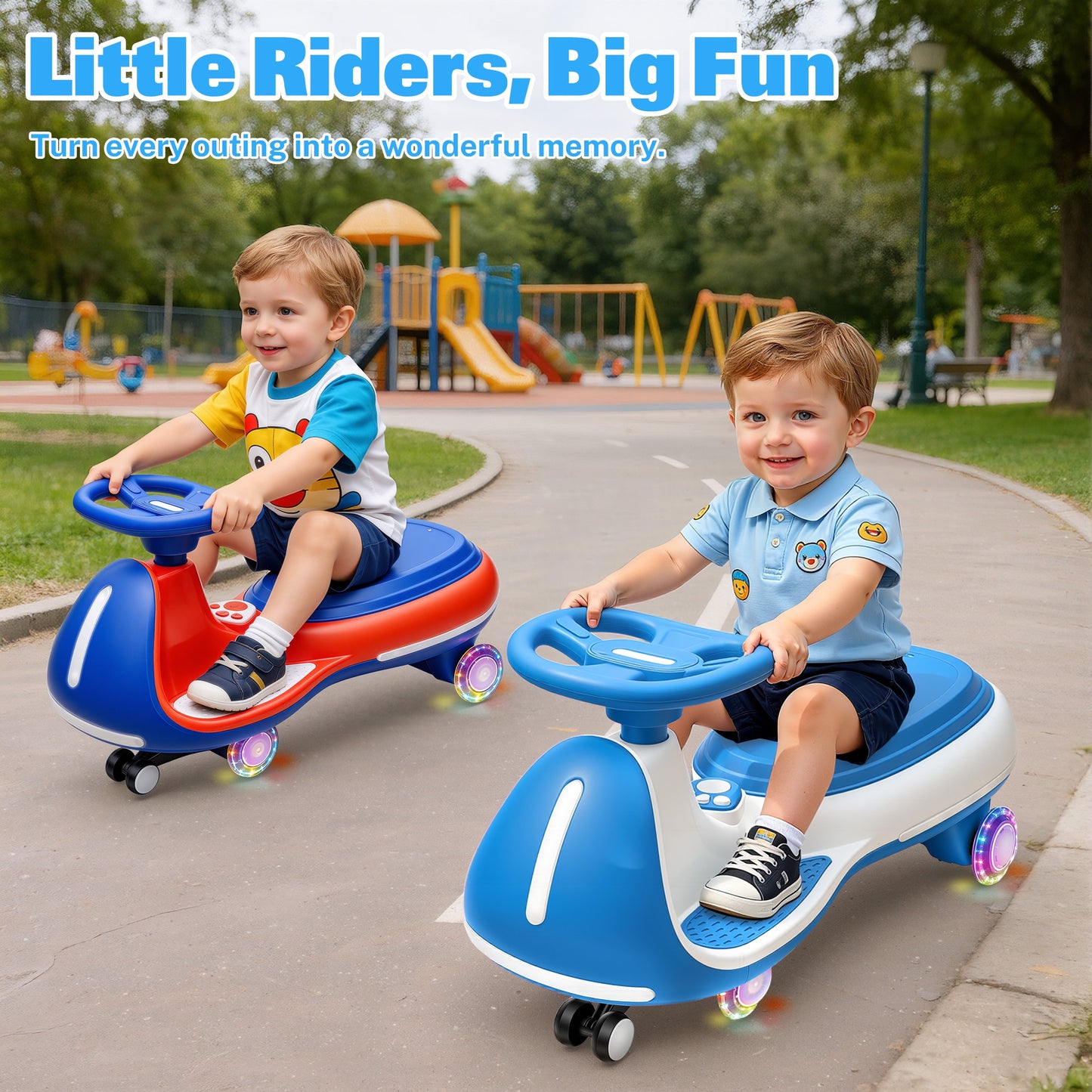 iRerts 12V Ride on Toys, Electric Ride on Wiggle Car with Pedal, 2 in 1 Swing Car Kids Wiggle Car for Toddlers Ages 3+, Kids Cars with Flashing PU Wheels, Bluetooth Music, 5MPH Max Speed, Blue