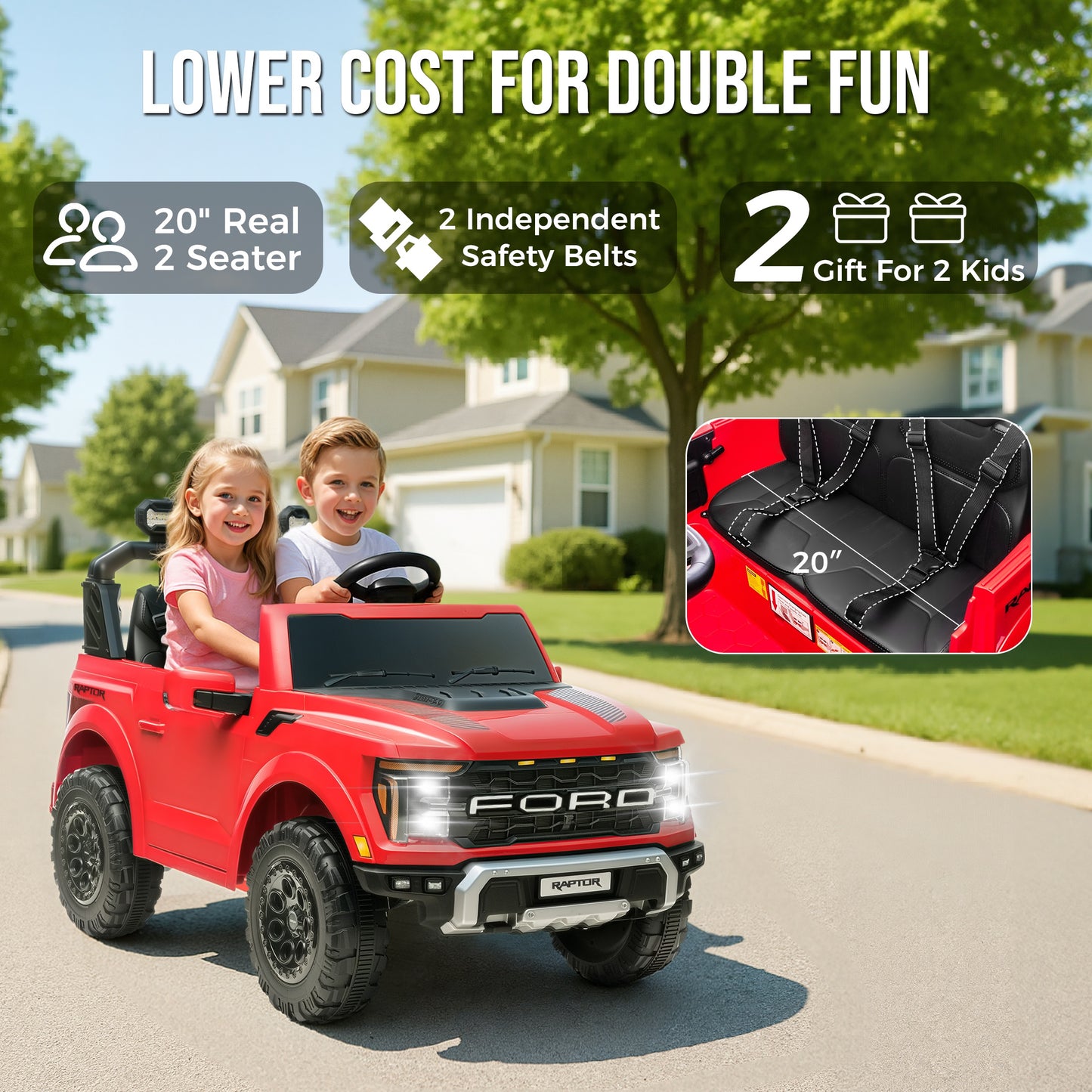 iRerts 24V Ride on Toys for Big Kids, Licensed Ford F 150 Raptor 2 Seater Ride on Cars with Remote Control, Bluetooth, FM Radio, LED Lights, 4 Wheels Suspension, Electric Car for Kids Ages 3-8, Red