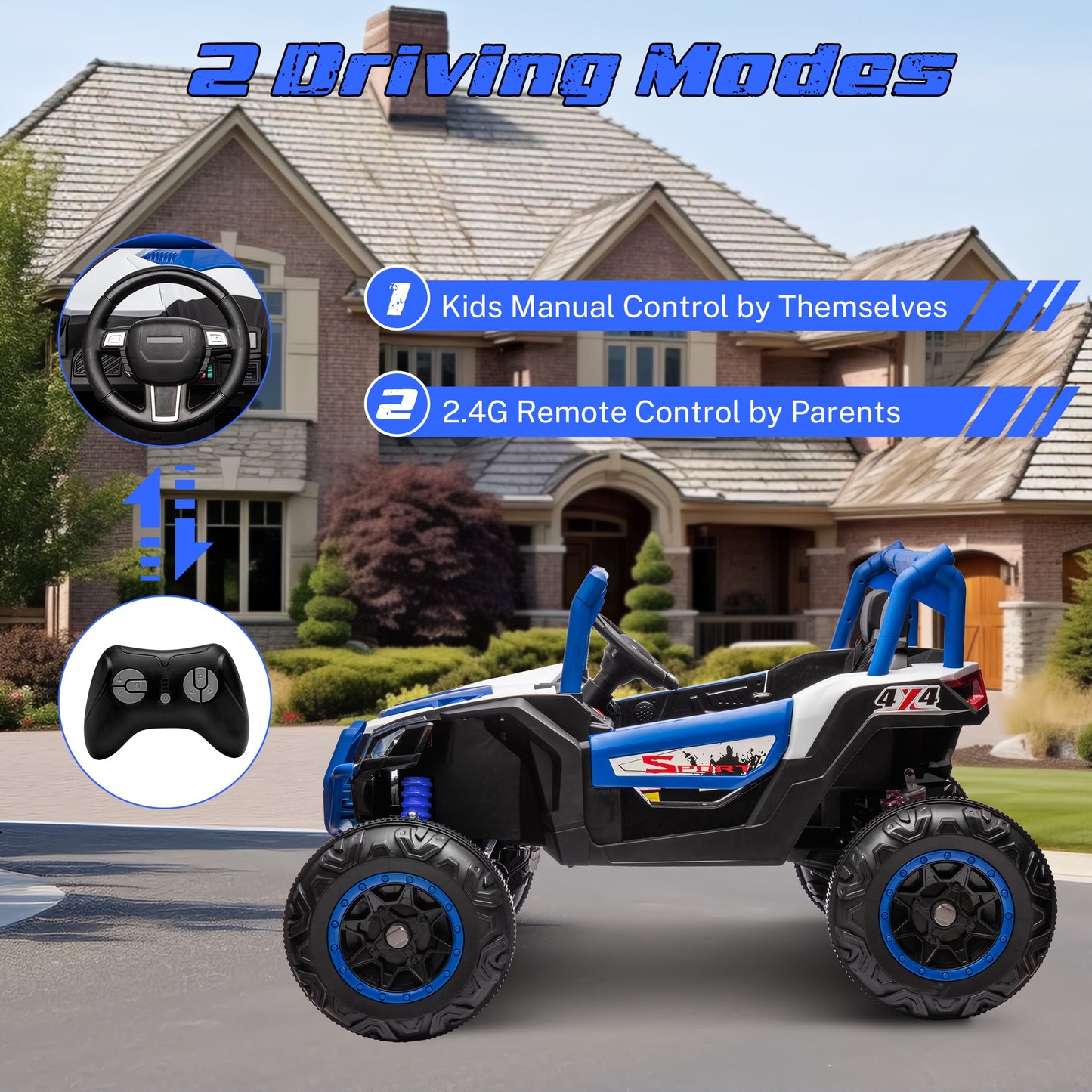 iRerts 24V Ride on UTV Cars 2 Seater, Kids Electric Ride on Toy Car with Remote Control, Music, LED Light, USB, Bluetooth, Kids Electric Vehicle for Christmas Birthday Gifts, Blue