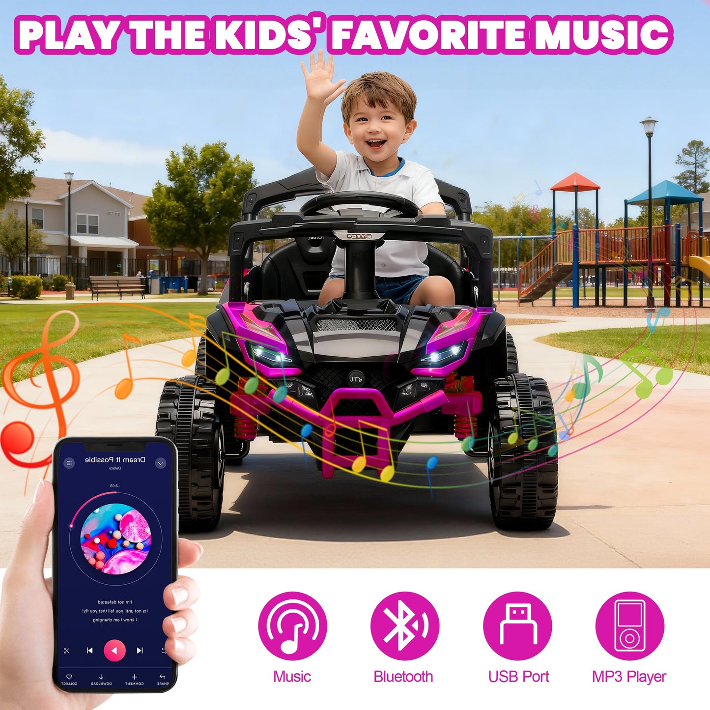 iRerts 24V Powered Ride on Car UTV, Kids Ride on Toys with Remote Control, Bluetooth, Music, 4 Wheels Suspension, LED Light, Kids Cars 4 Wheeler Electric Vehicles for Boys Girls Ages 3-5 Gifts, Pink