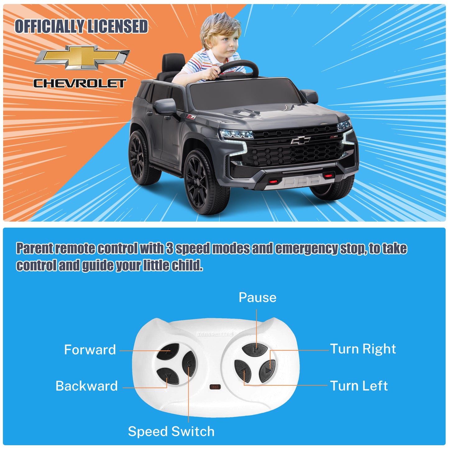 iRerts 12V Ride On Toys with Remote Control, Licensed Chevrolet Tahoe Kids Ride on Cars with Music, LED Lights, MP3/USB/AUX Port, Kids Electric Vehicle for Boys Girls, Gray