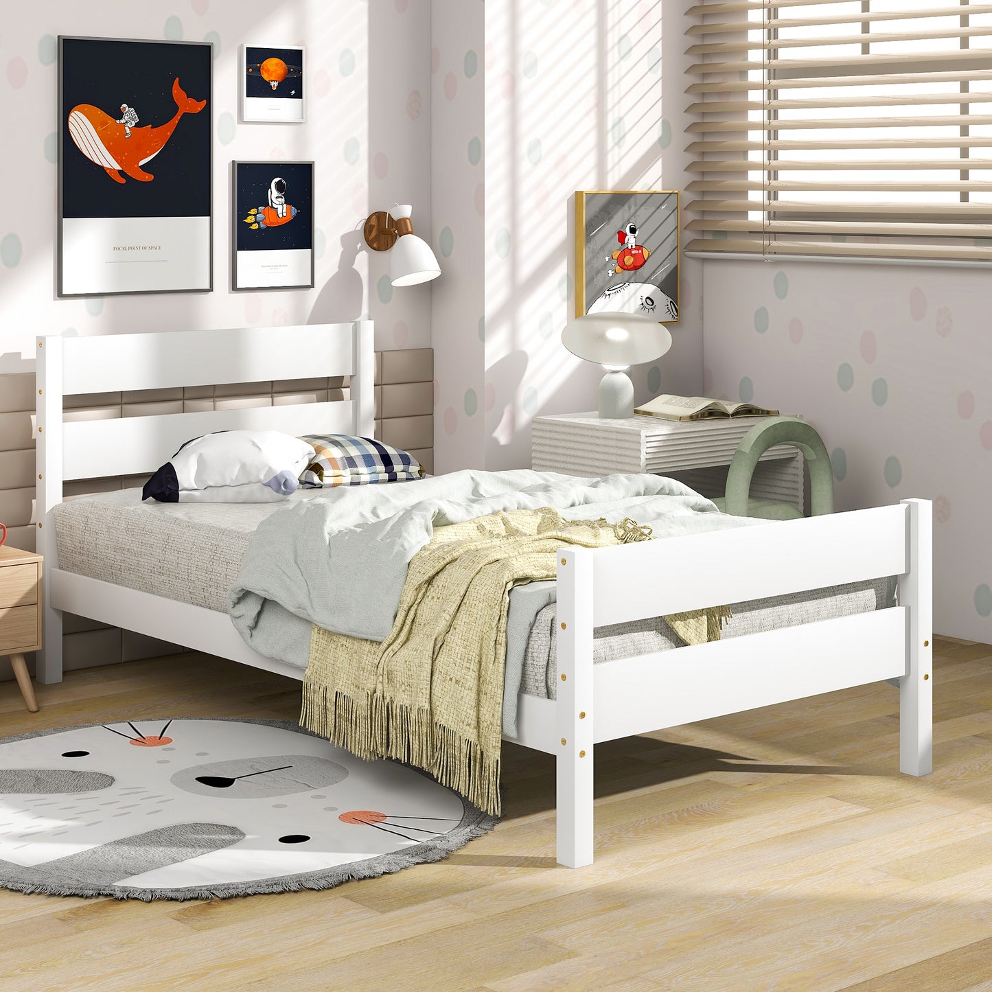 iRerts Twin Platform Bed Frame with Headboard and Footboard, Wood Twin Size Bed Frame, Modern Platform Bed Frame Twin Size with Wood Slat Support, No Box Spring Needed, White