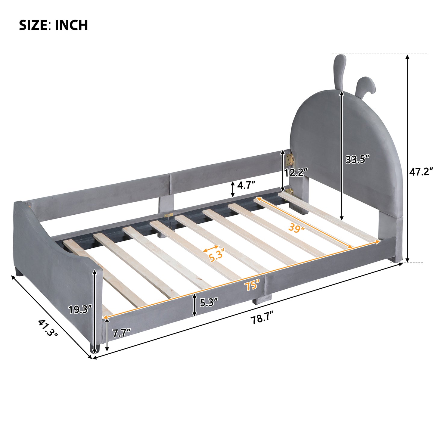 iRerts Upholstered Twin Daybed Frame for Kids, Velvet Twin Platform Bed Frame with Rabbit Ear Shaped Headboard and Footboard, Wood Twin Size Sofa Bed for Girls Boys, Gray