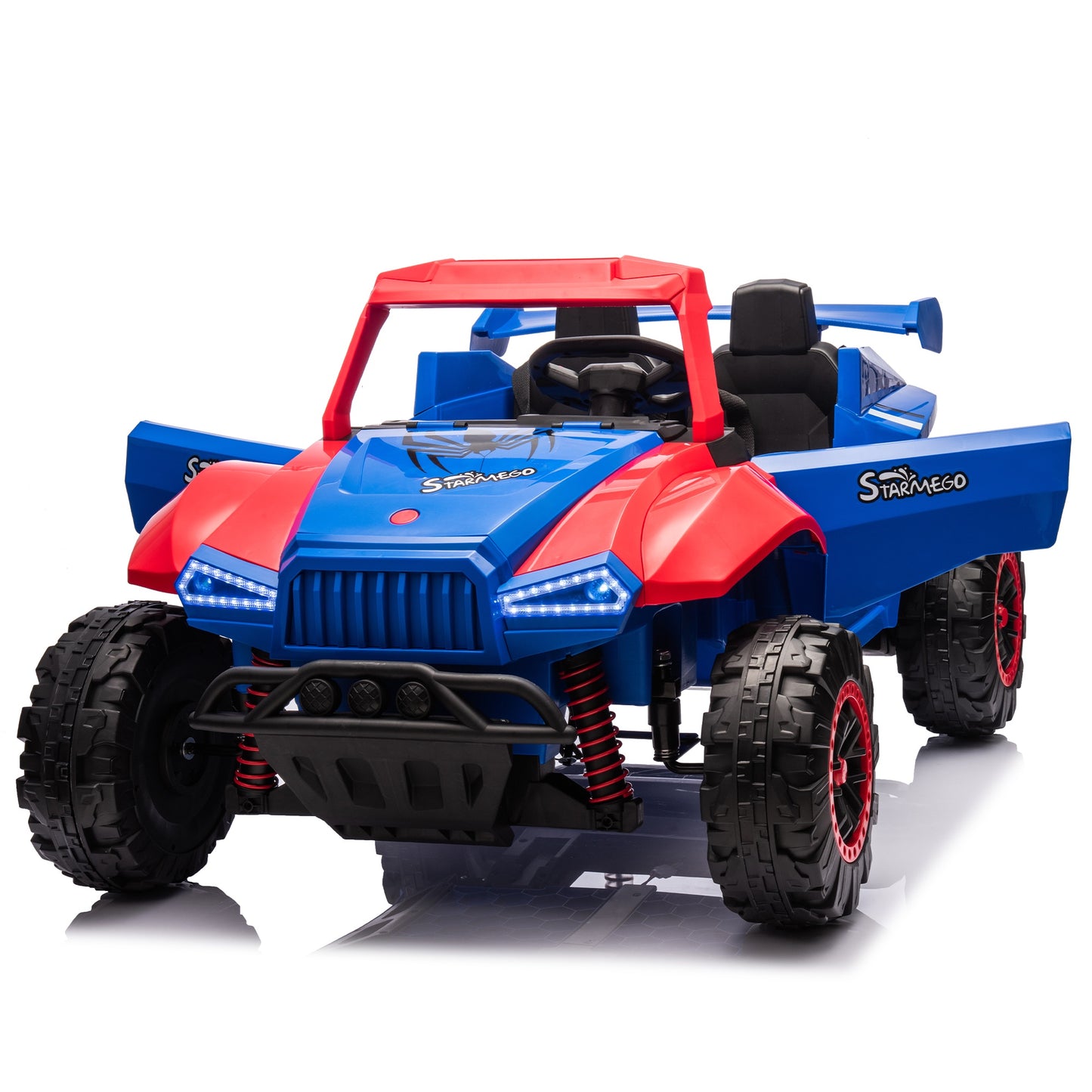 iRerts 24V Powered Ride on Cars, Ride on Toys for Big Kids Boys Girls Ages 3-8, Kids Car Electric Vehicles with Remote Control, Bluetooth, MP3/USB Ports, 4 Wheels Spring Suspension, Blue+Red