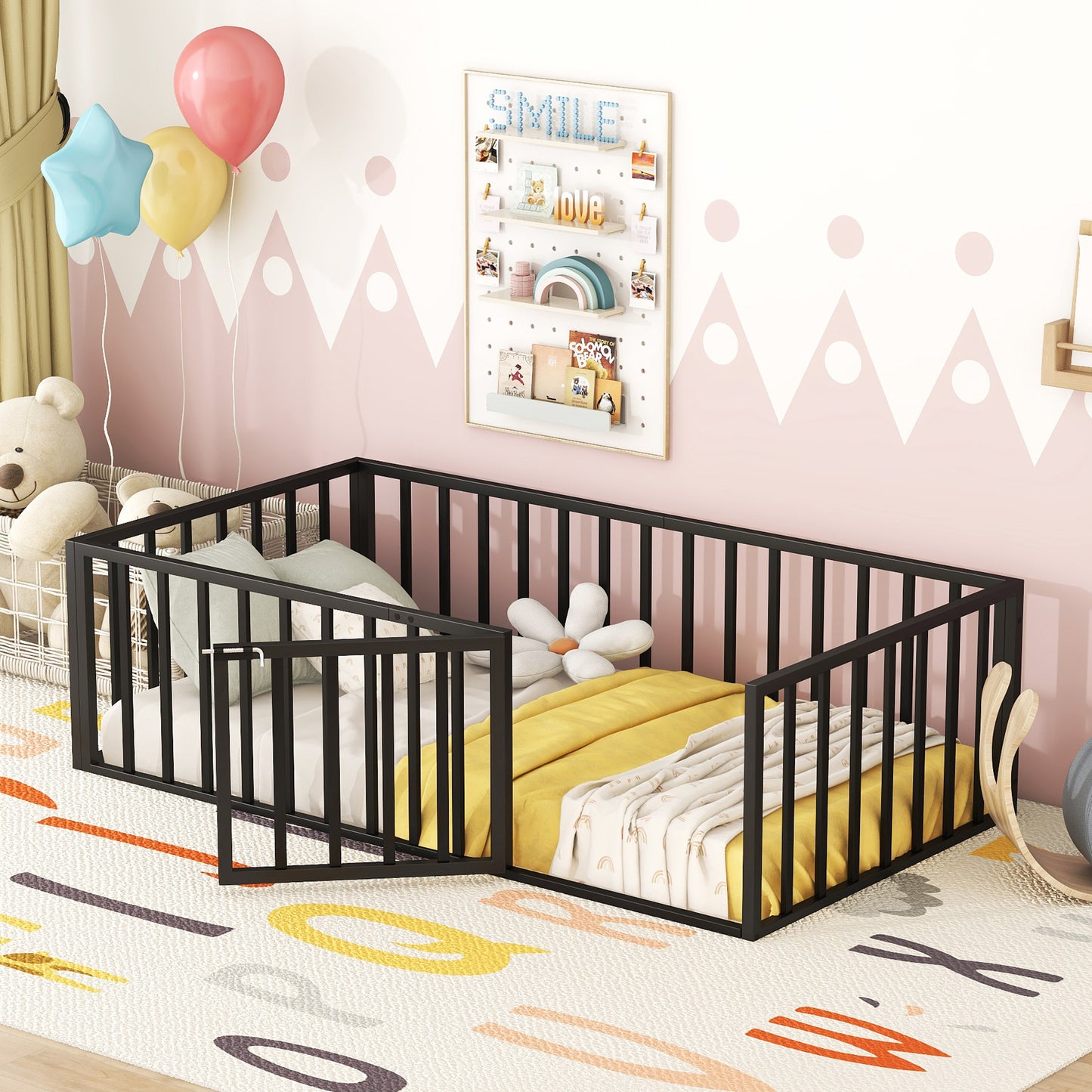 iRerts Twin Floor Bed Frame, Metal Twin Size Montessori Floor Bed Frame with Fence and Door, Kids Toddler Floor Bed Frame Twin Size for Girls Boys, Twin Bed Frame without Bed Slats, Black