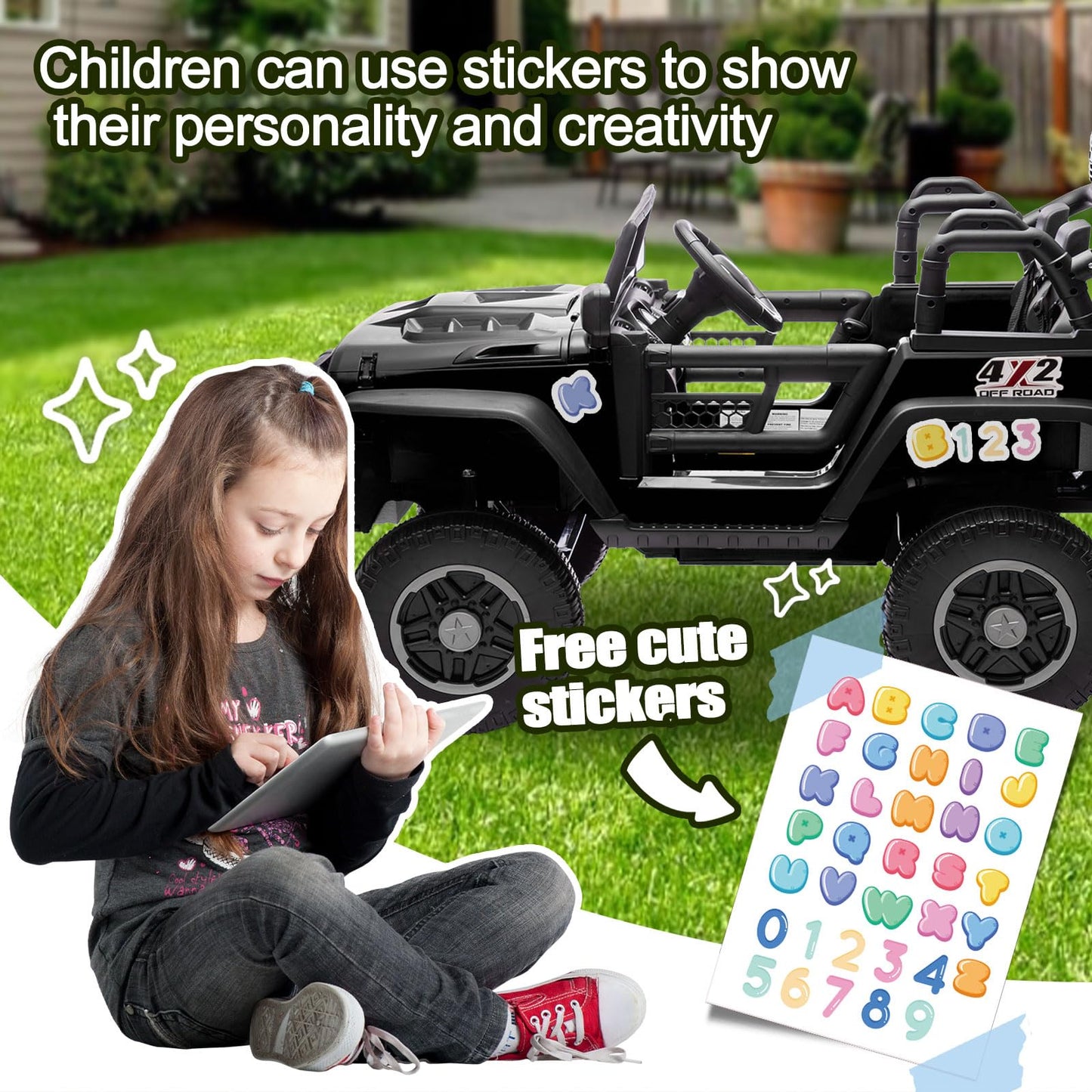 iRerts 24V 2 Seater Ride on Car, Powered Ride on Toys for Bid Kids Boys Girls Gifts, Kids Car Electric Vehicle with Remote Control, Music, Bluetooth, LED Light, USB/MP3 Port, 4 Wheel Suspension, Black