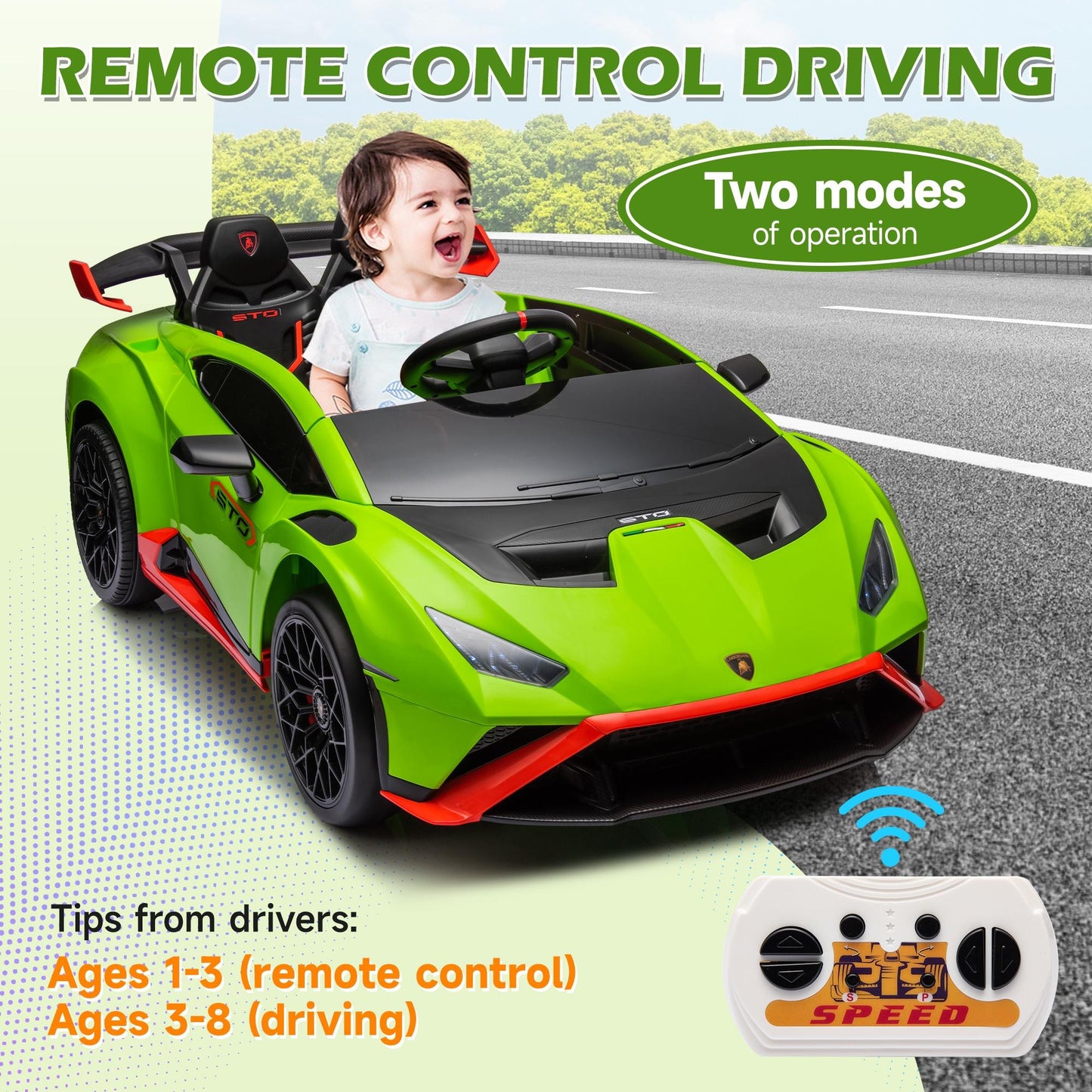 iRerts Green 24V Lamborghini Ride on Cars with Remote Control, Battery Powered Kids Ride on Toys for Boys Girls 3-8 Ages, 4 Wheels Electric Cars for Kids with Bluetooth/Music/USB Port/LED Lights