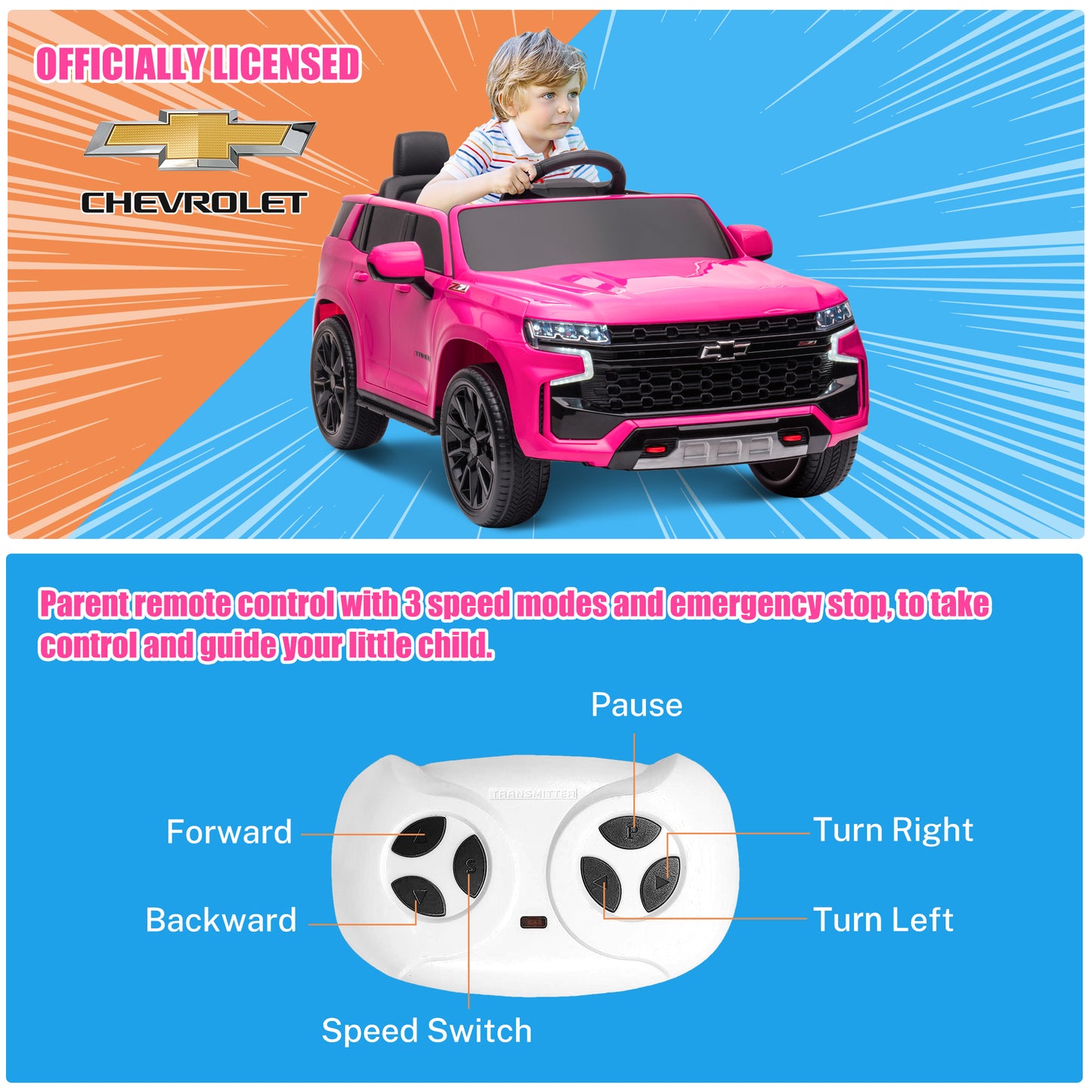 iRerts 12V Ride On Toys with Remote Control, Licensed Chevrolet Tahoe Kids Ride on Cars with Music, LED Lights, MP3/USB/AUX Port, Kids Electric Vehicle for Boys Girls, Pink