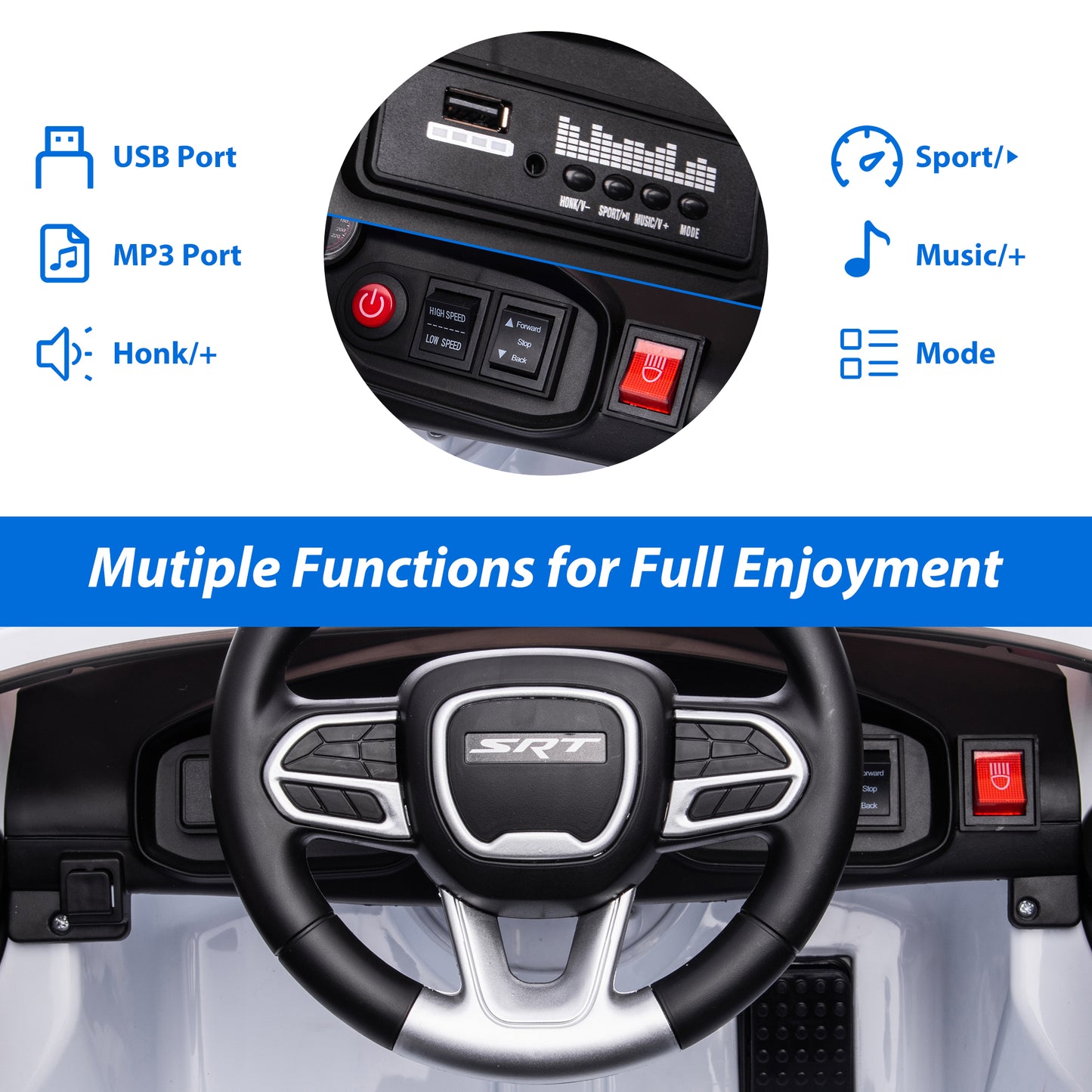 Kids Electric Cars With Remote Control, Licensed Dodge Charger 12V Ride on Cars for Boys Girls, Battery Powered Ride on Toys with Bluetooth, USB, MP3, 4 Wheel Suspension, White