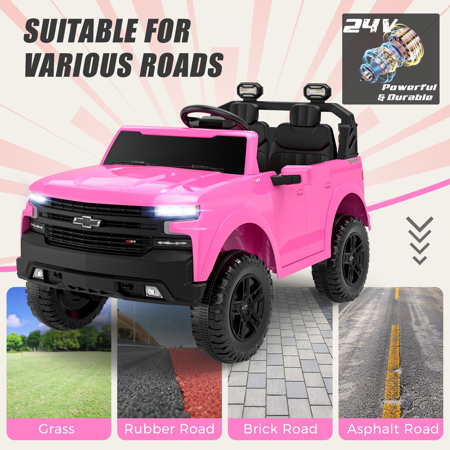 24V Powered Ride on Toys Car, Licensed Chevrolet Silverado 2 Seater Ride on Cars with Remote Control, Spring Suspension, LED Lights, Bluetooth Music, Toddler Electric Car for Kids Ages 3+, Pink