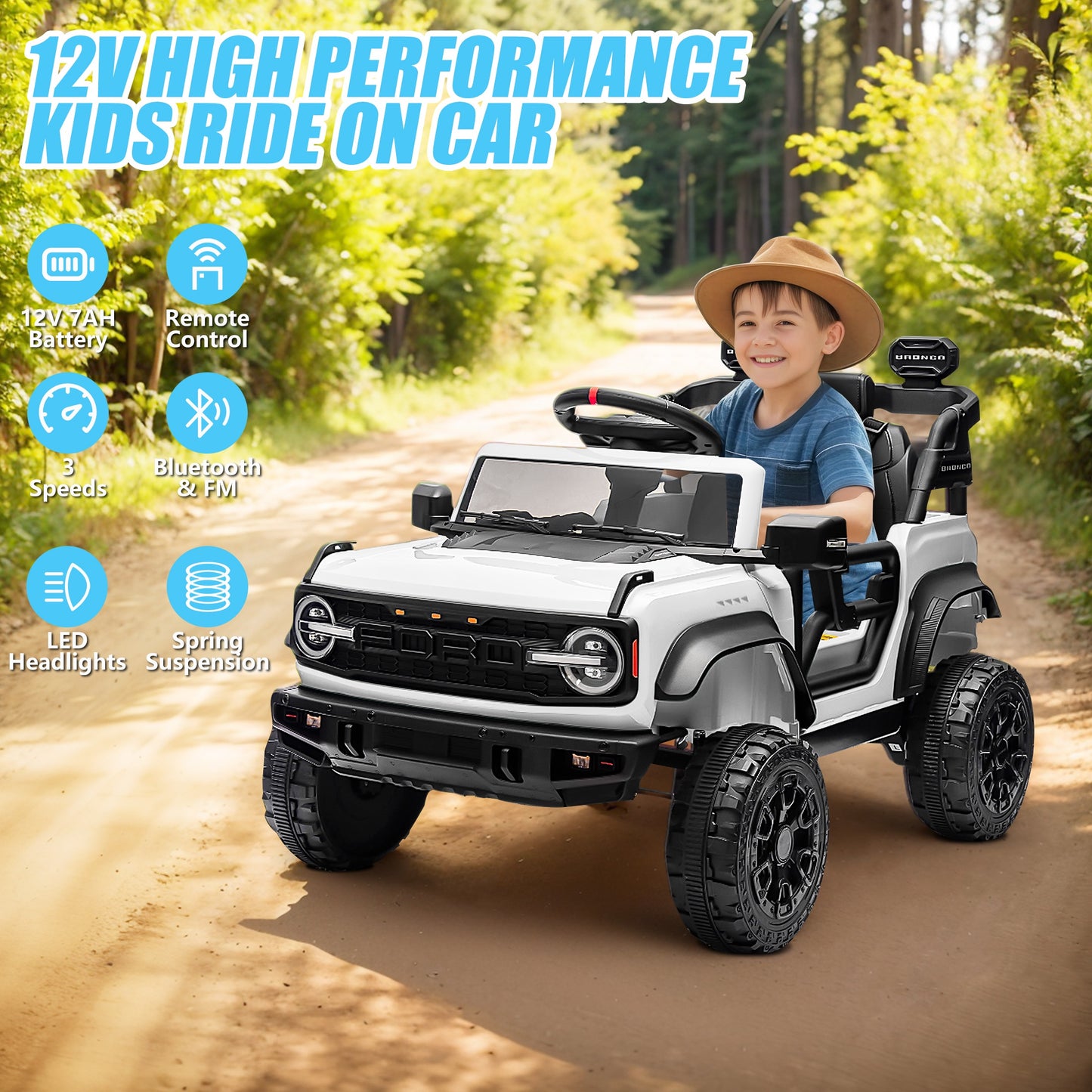 12V Powered Ride on Car, Ford Bronco Raptor Ride on Toys with Remote Control, Battery Powered Ride on Trucks with Bluetooth Music, LED Light, Kids Car Electric Vehicle for Boys Girls Gifts, White