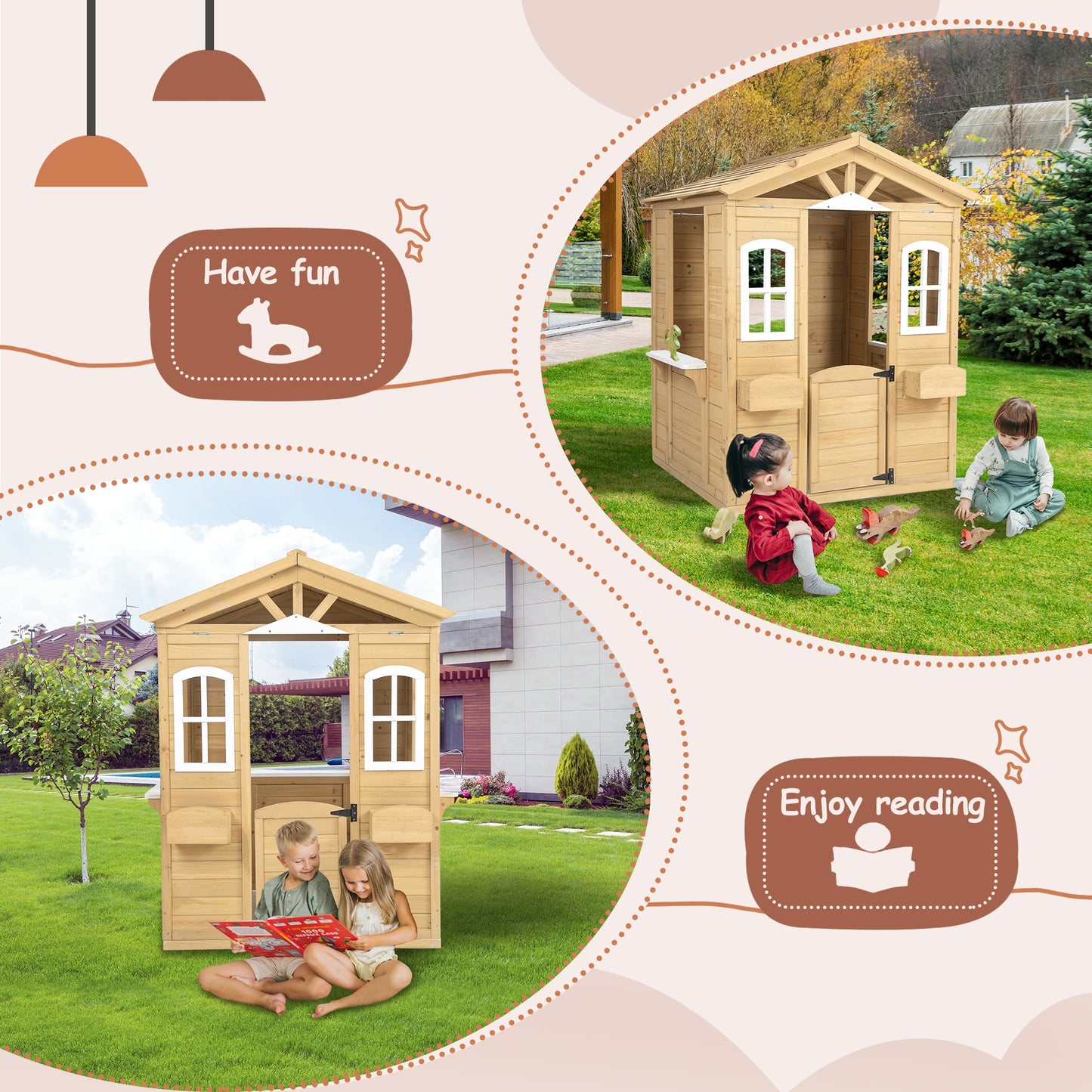 iRerts Kids Playhouse Outdoor, Wooden Playhouse for Kids with  Working Door, Windows, Flowers Pot Holder, Kids Play Equipment Outdoor Toys Pretend Playhouse for Girls Boys Toddlers 2-8 Years Old
