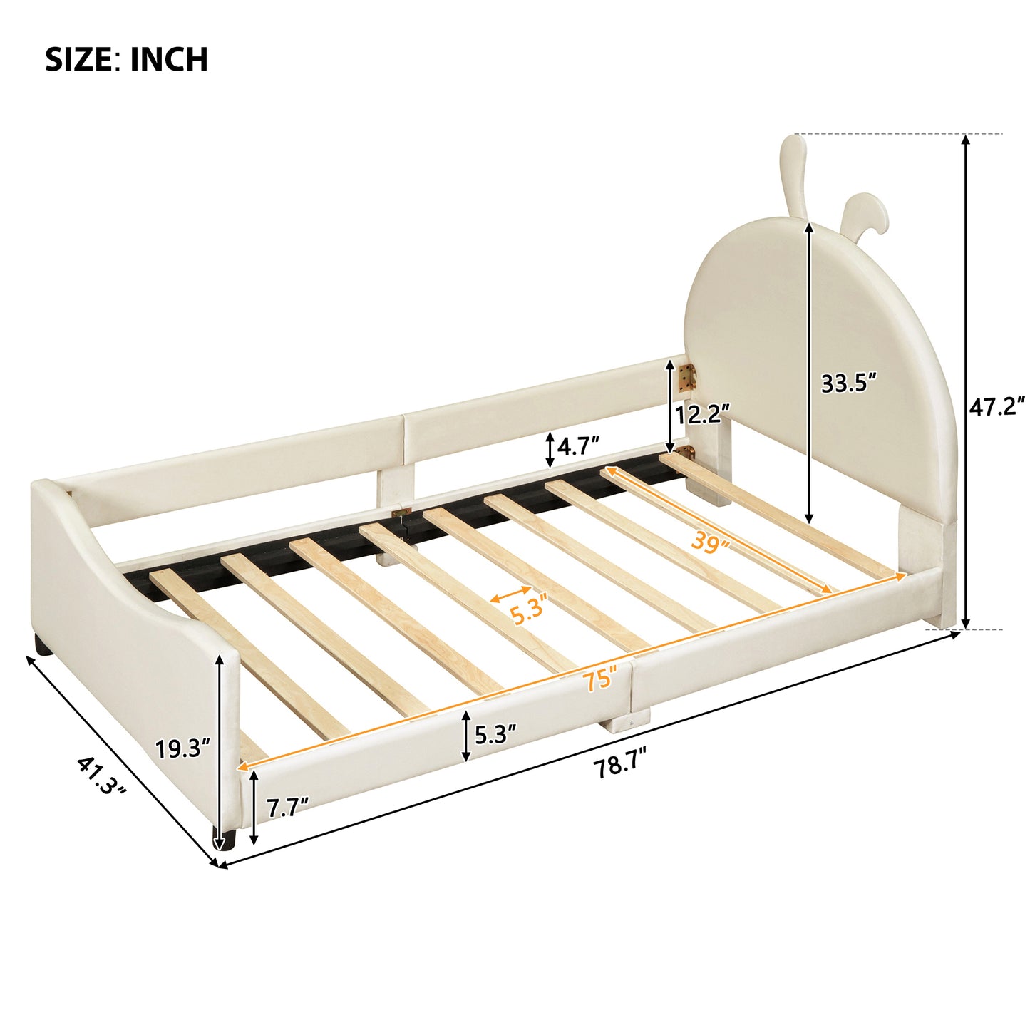 iRerts Upholstered Twin Daybed Frame for Kids, Velvet Twin Platform Bed Frame with Rabbit Ear Shaped Headboard and Footboard, Wood Twin Size Sofa Bed for Girls Boys, Beige
