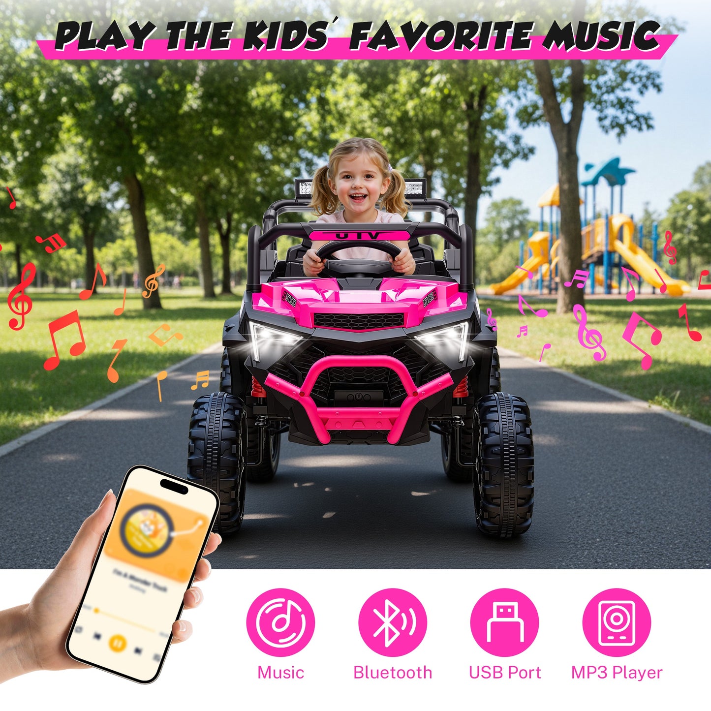 iRerts 24V Powered Ride on Toys, Electric Ride on UTV with Remote Control, Four-Wheel Suspension, LED Lights, Bluetooth Music, Ride on Cars Vehicle for Kids Ages 3-6, Pink