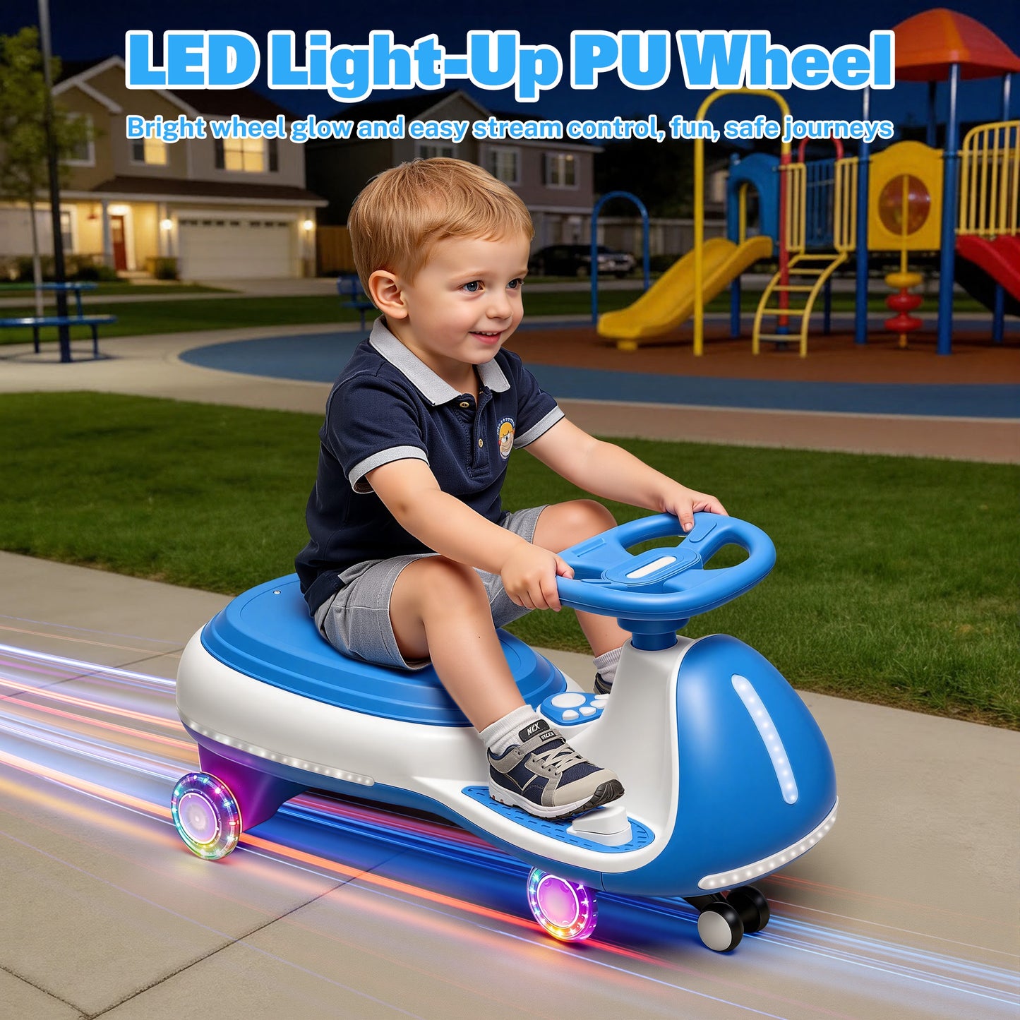 iRerts 12V Ride on Toys, Electric Ride on Wiggle Car with Pedal, 2 in 1 Swing Car Kids Wiggle Car for Toddlers Ages 3+, Kids Cars with Flashing PU Wheels, Bluetooth Music, 5MPH Max Speed, Blue