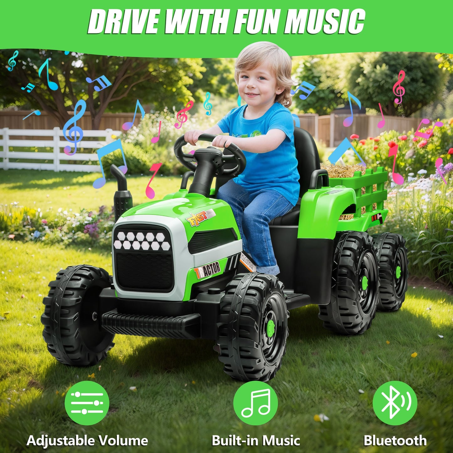 Powered Ride on Toy Tractor, 24V Kids Ride on Car with Remote Control, Electric Vehicles for Kids Toddlers 3-6 Years with 3 Speeds, Bluetooth, Music Player, LED Light, Rear Wheel Suspension, Green