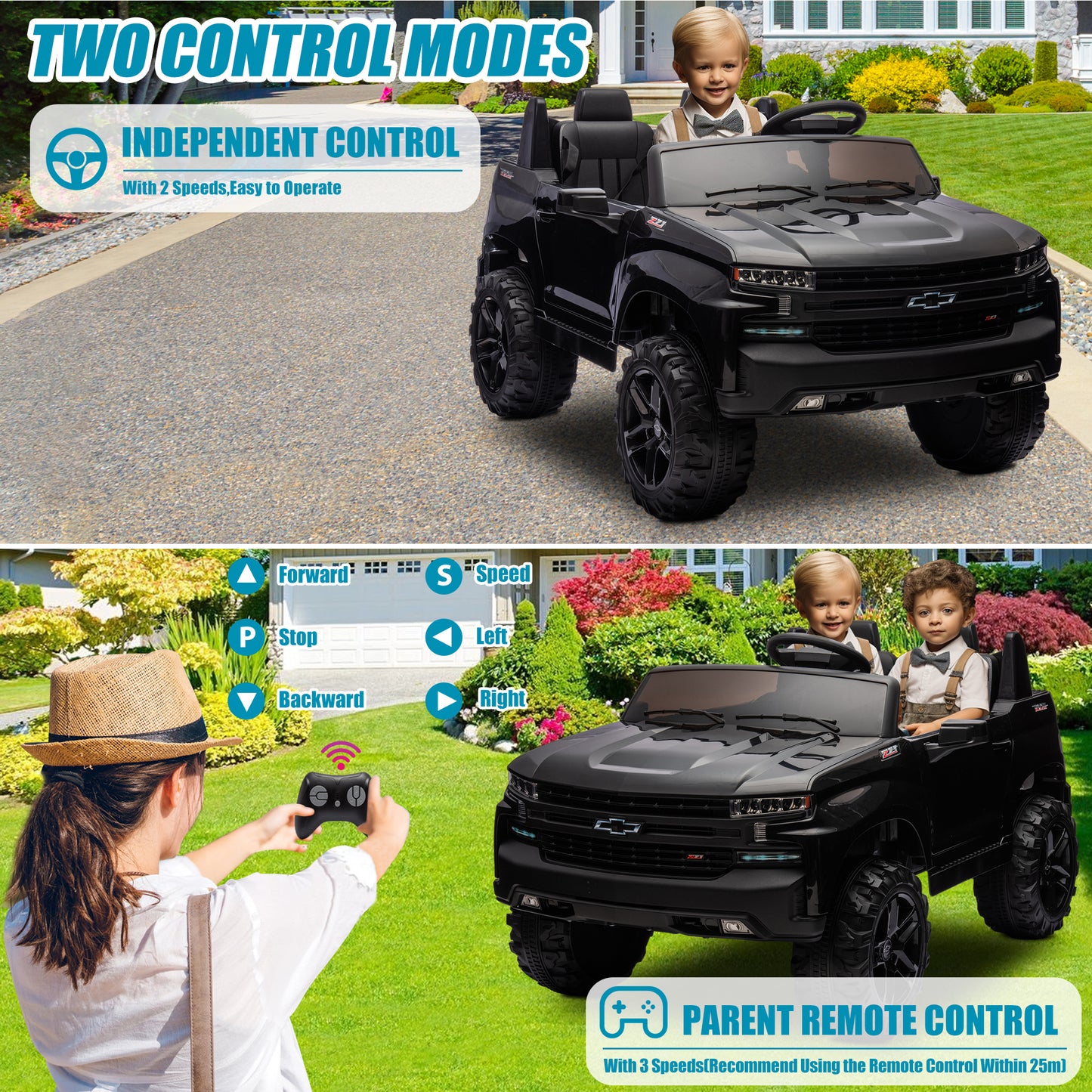 Chevrolet Silverado 24V Ride on Cars with Remote Control, 2 Seater 4 Wheels Kids Electric Cars with Bluetooth, LED Lights, Battery Powered Ride on Truck Toys for Boys Girls Christmas Gifts, Black