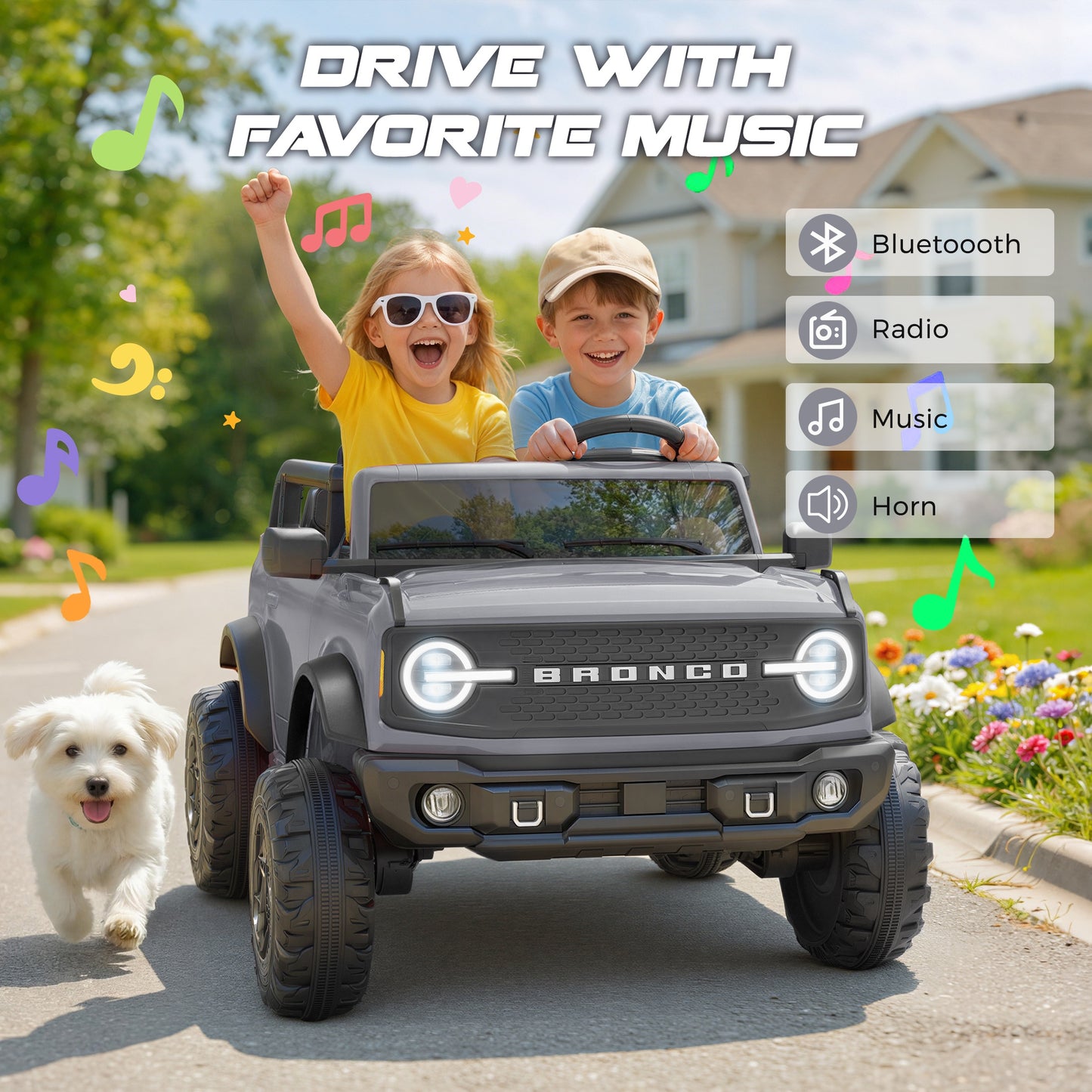 iRerts 2 Seater Ride on Cars, Licensed Ford Bronco Base 24V Ride on Toys for Big Kids Ages 3-8, Powered Kids Car Electric Vehicle with Remote Control, Bluetooth, LED Lights, 4 Wheel Suspension, Gray