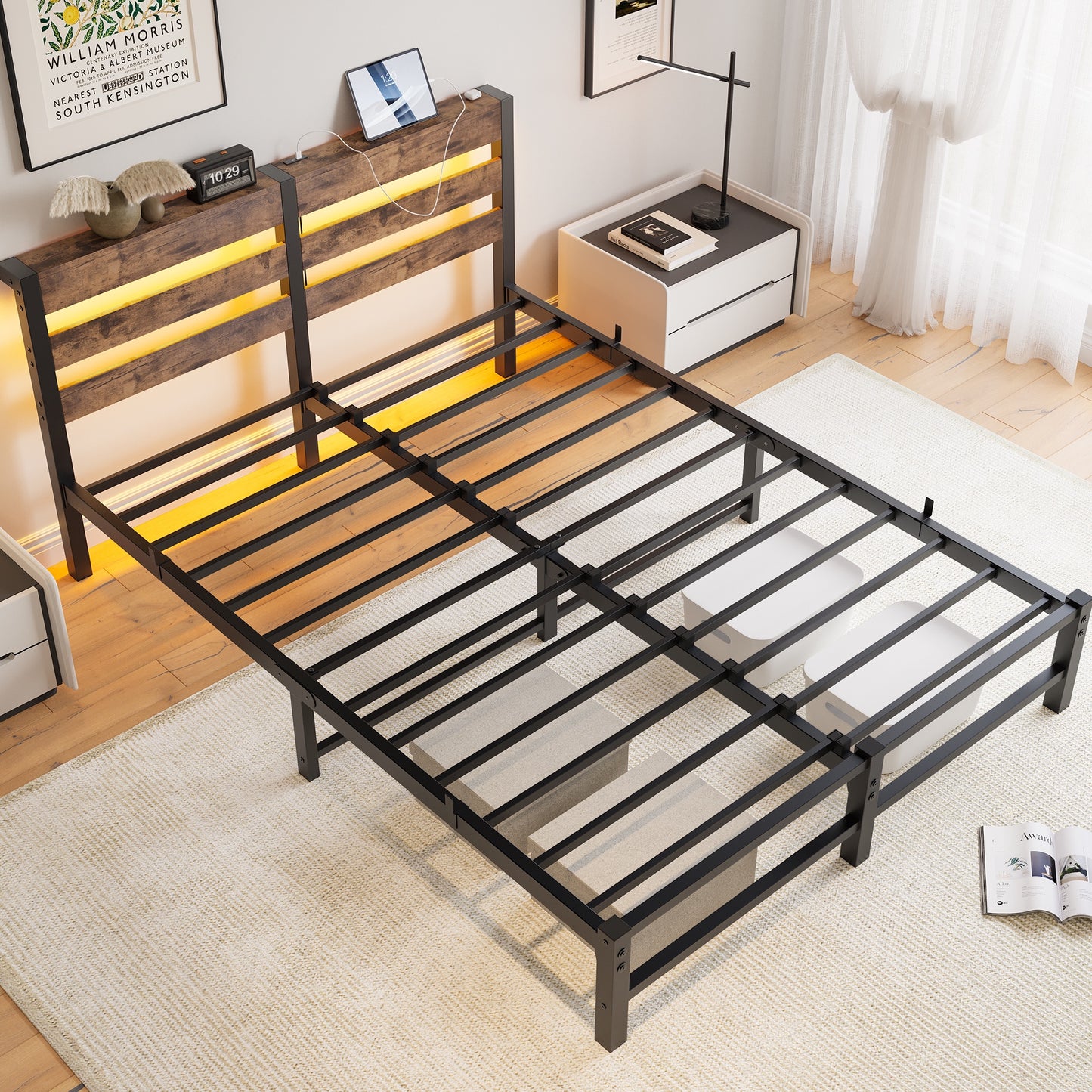 iRerts Queen Bed Frame with Headboard, Metal Platform Bed Frame Queen Size with USB Charging Station, LED Lights, Steel Slats, LED Bed Frame No Box Spring Needed for Bedroom Furniture, Brown