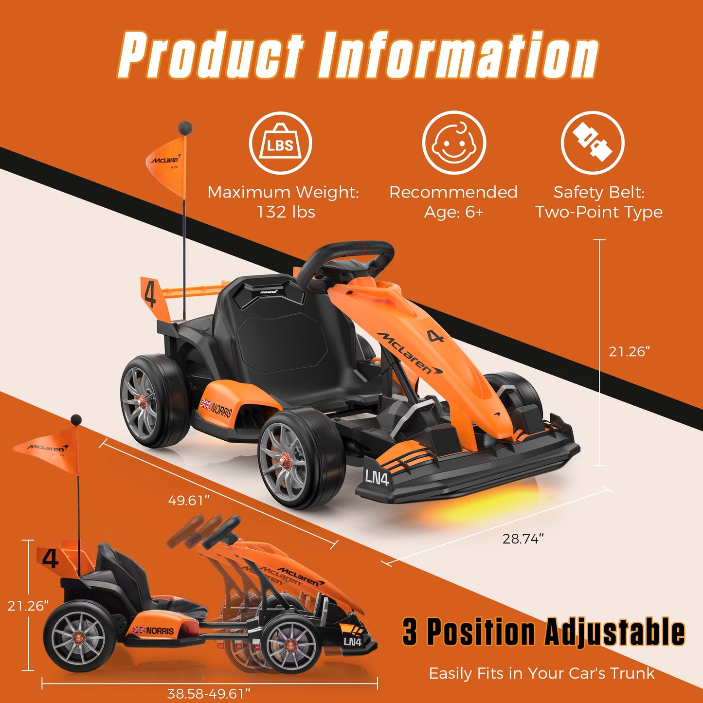 24V Go Kart for Kids Ages 6+, Licensed McLaren Electric Drift Kart Car Ride on Toys for Big Kids, Crazy Go Cart with Dual 250W Motors, Adjustable Seat, 7.5MPH, LED Lights