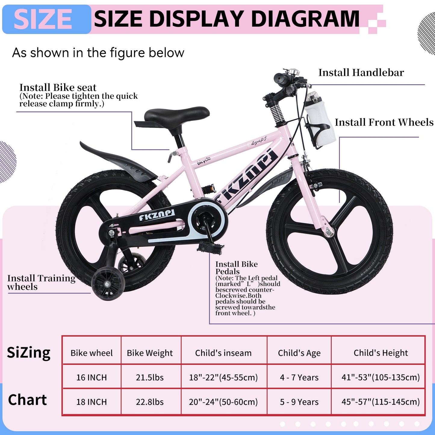 iRerts Kids Bike, 18 Inch Kids Bicycle for Boys Girls Ages 3-7, Toddlers Bike with Water Bottle Holder, Training Wheels with Night Glow, Adjustable Seat, Pink