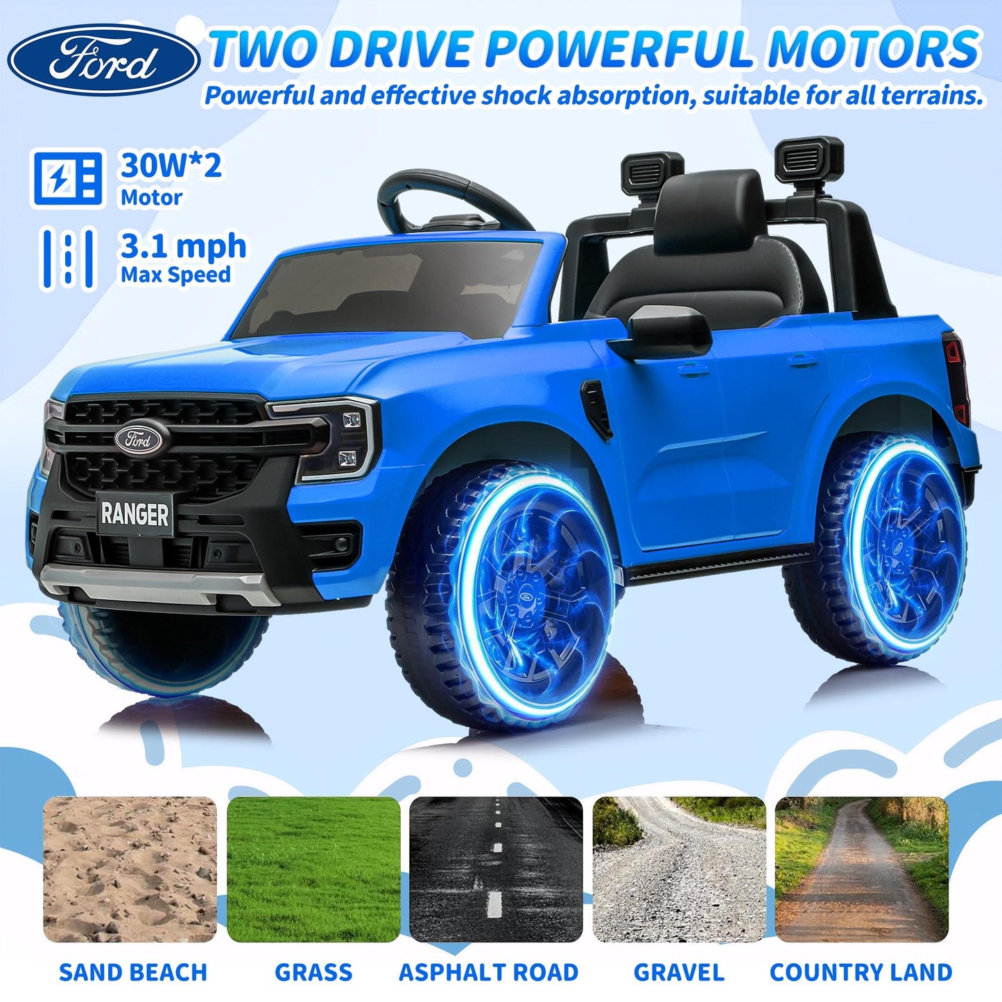 iRerts Blue 12V Ford Ranger Powered Ride on Car with Remote Control, Kids Electric Car for Boys Girls 3-6 Ages, Kids Ride on Toys with Bluetooth, Music, USB Port, Horn, LED Lights